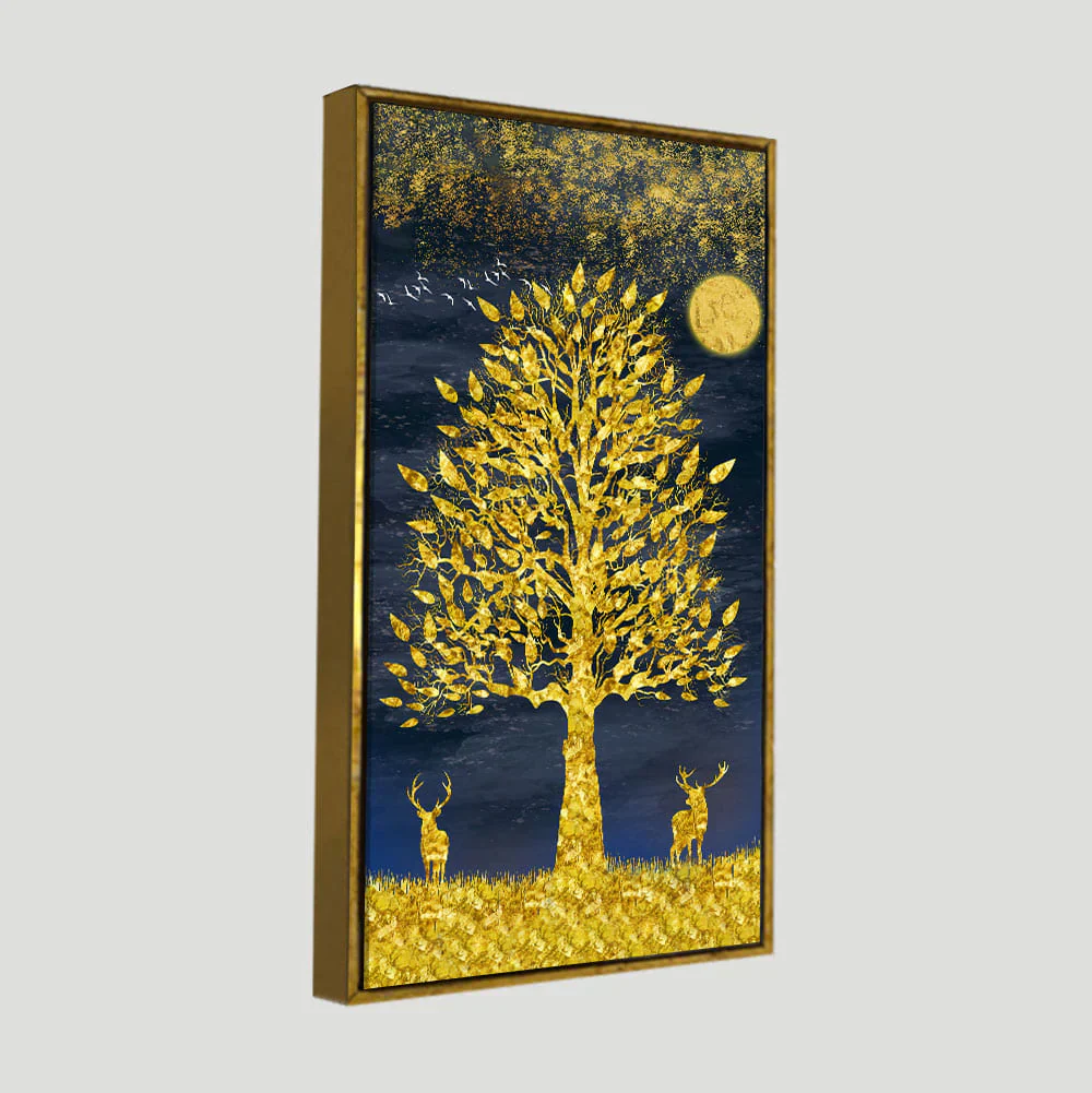 Beautiful Golden Tree and Moon with Deers Premium Canvas Wall Painting - Image 5