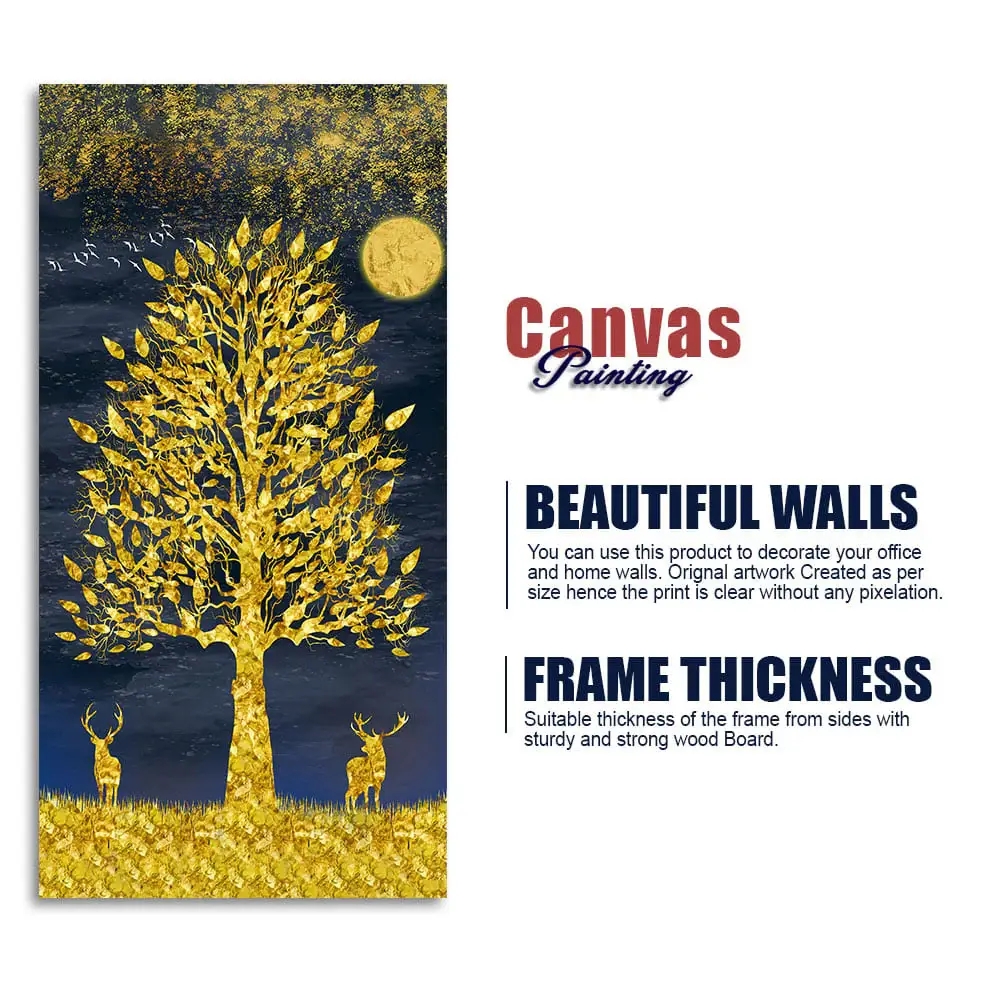 Beautiful Golden Tree and Moon with Deers Premium Canvas Wall Painting - Image 6