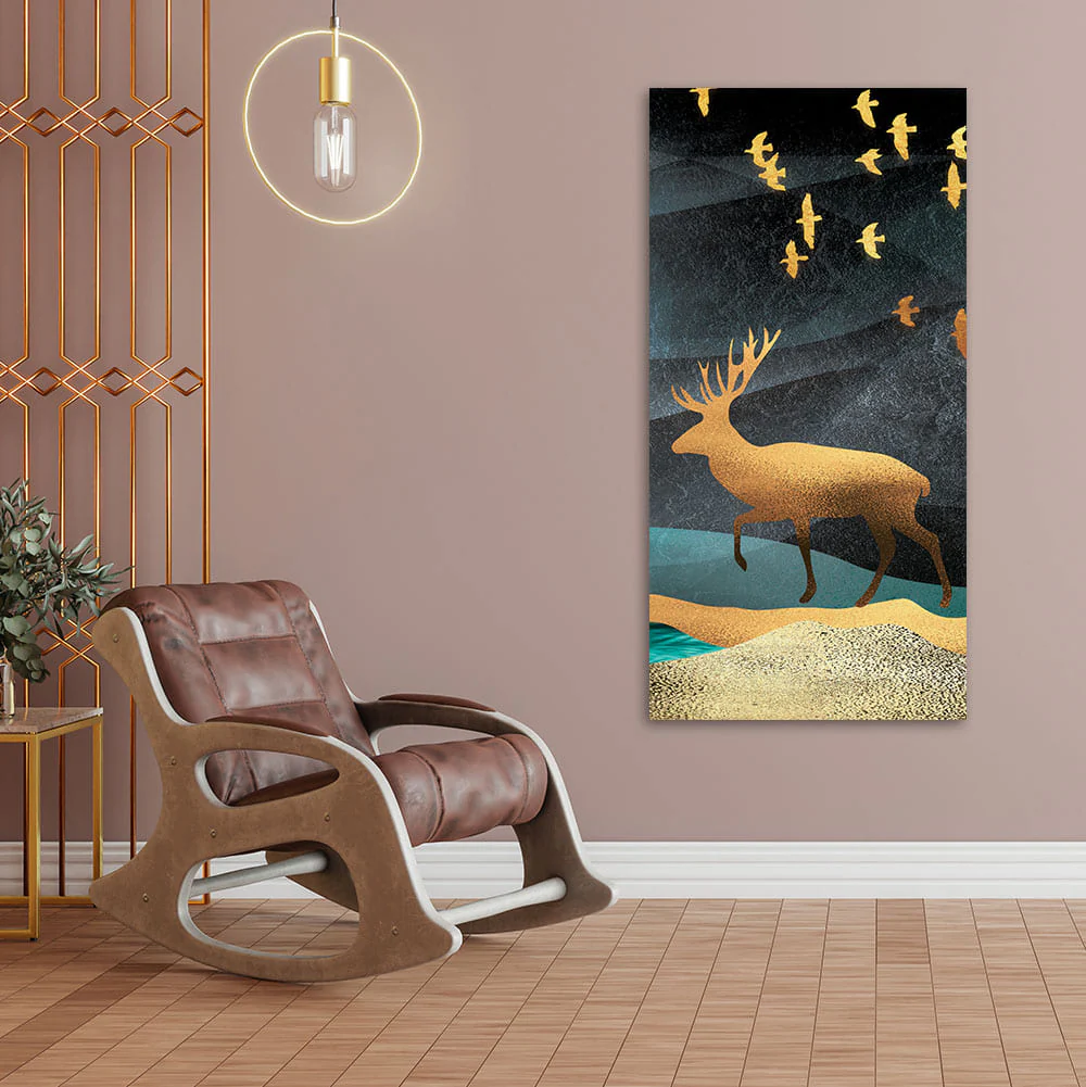 Beautiful Golden Walking Deer Premium Canvas Wall Painting - Image 3