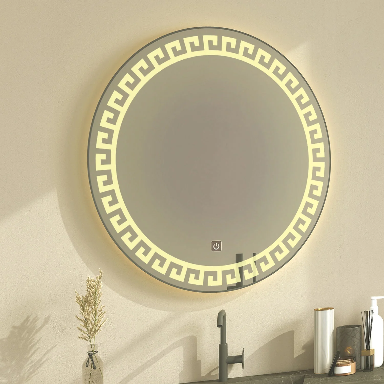 Beautiful Greek Key Motif Designer LED Round Shape Bathroom Mirror - Image 2