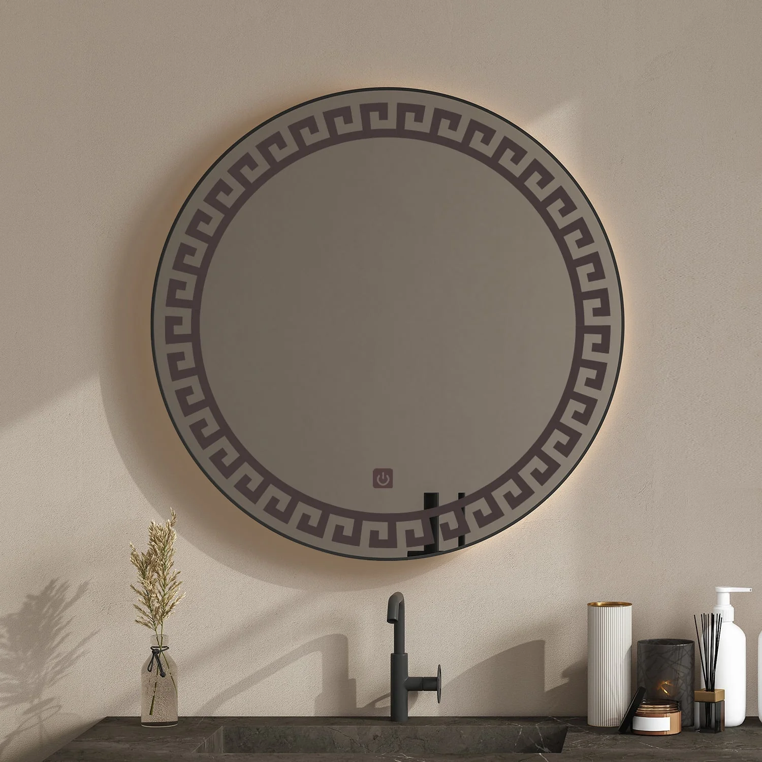 Beautiful Greek Key Motif Designer LED Round Shape Bathroom Mirror - Image 3
