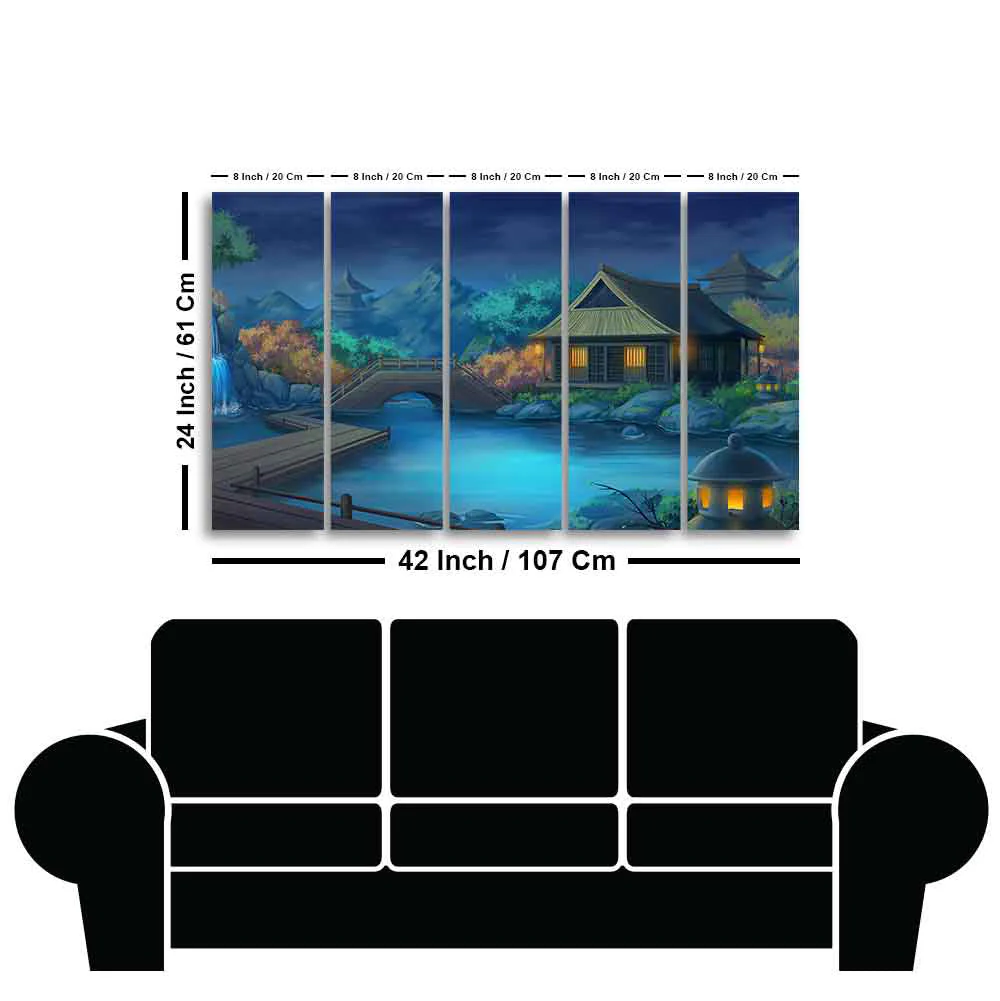 Beautiful Japanese Courtyard at Night Canvas Wall Painting of Five Pieces - Image 6