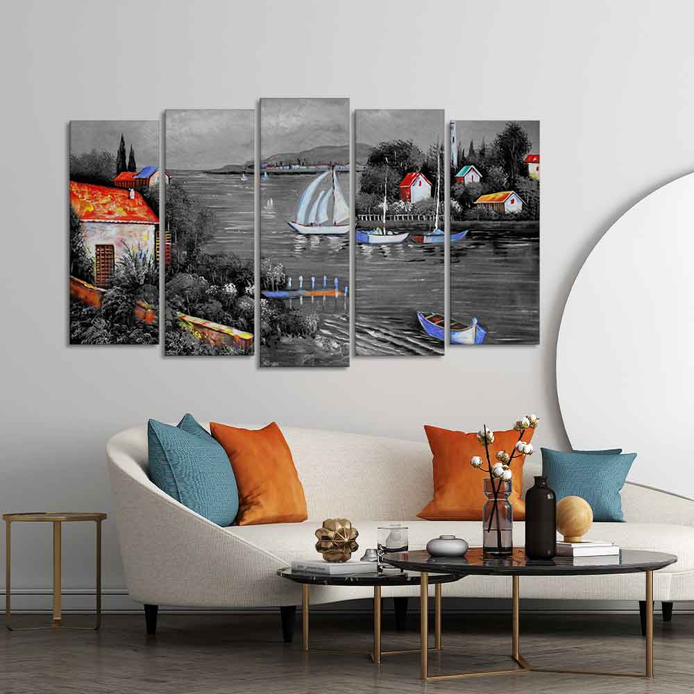 Beautiful Lake View Scenery Canvas Wall Painting Set of Five Pieces - Image 2