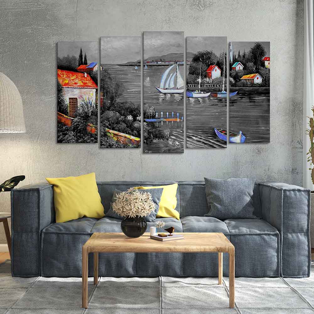 Beautiful Lake View Scenery Canvas Wall Painting Set of Five Pieces - Image 3
