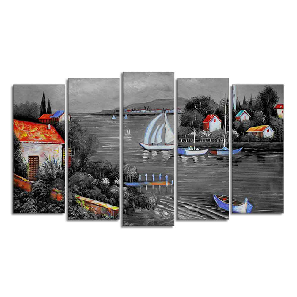 Beautiful Lake View Scenery Canvas Wall Painting Set of Five Pieces - Image 4