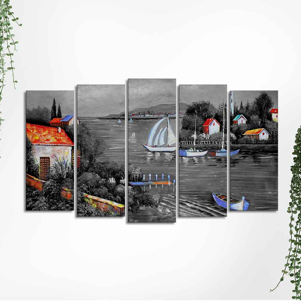 Beautiful Lake View Scenery Canvas Wall Painting Set of Five Pieces - Image 5