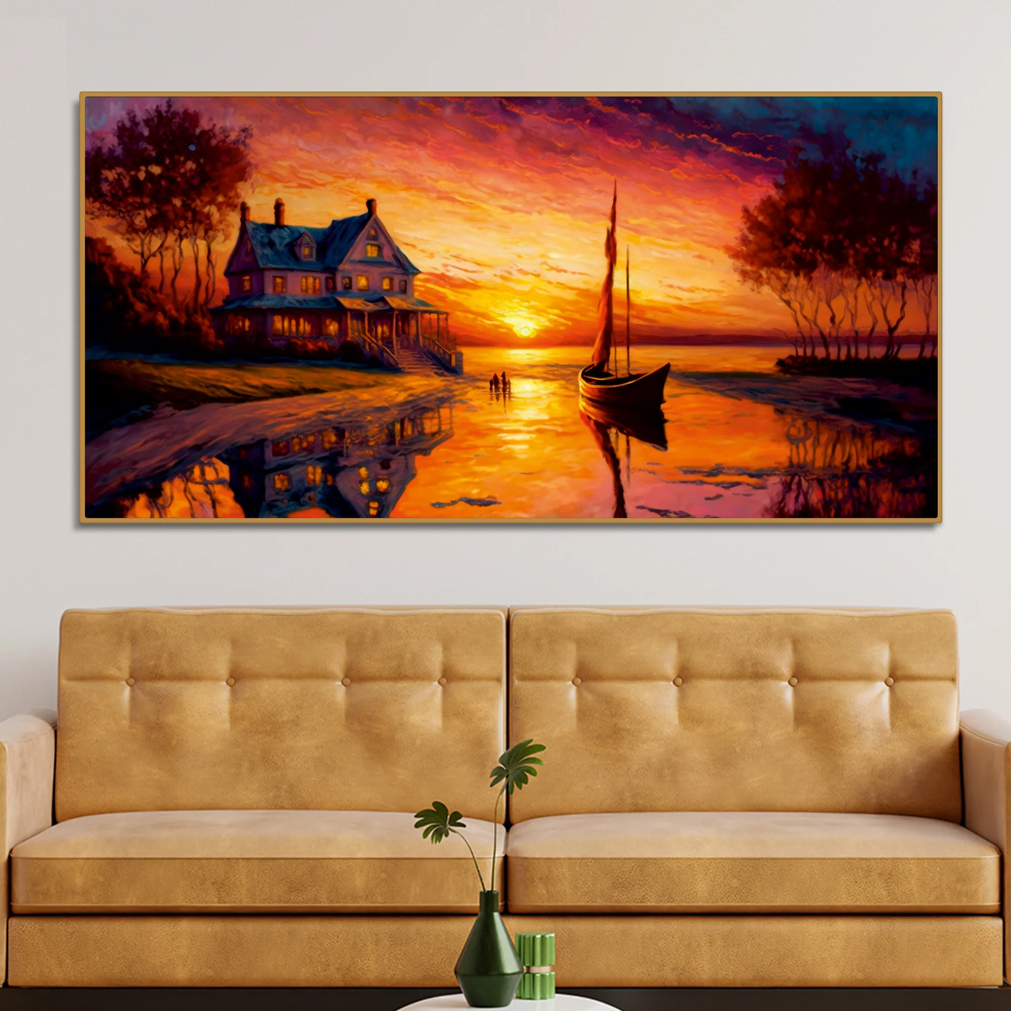 Beautiful Lake with A Sunset View Canvas Wall Painting - Image 2