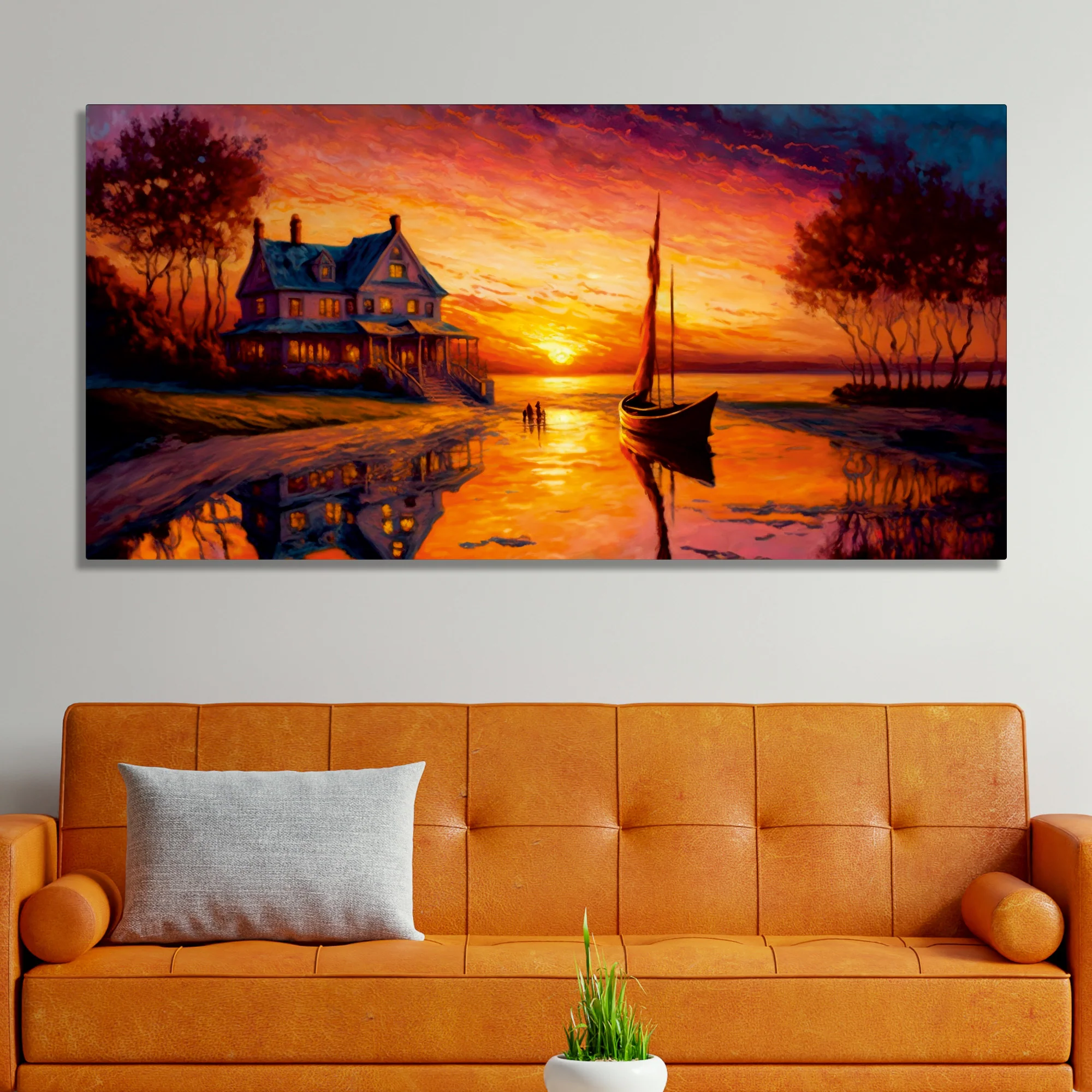 Beautiful Lake with A Sunset View Canvas Wall Painting - Image 3