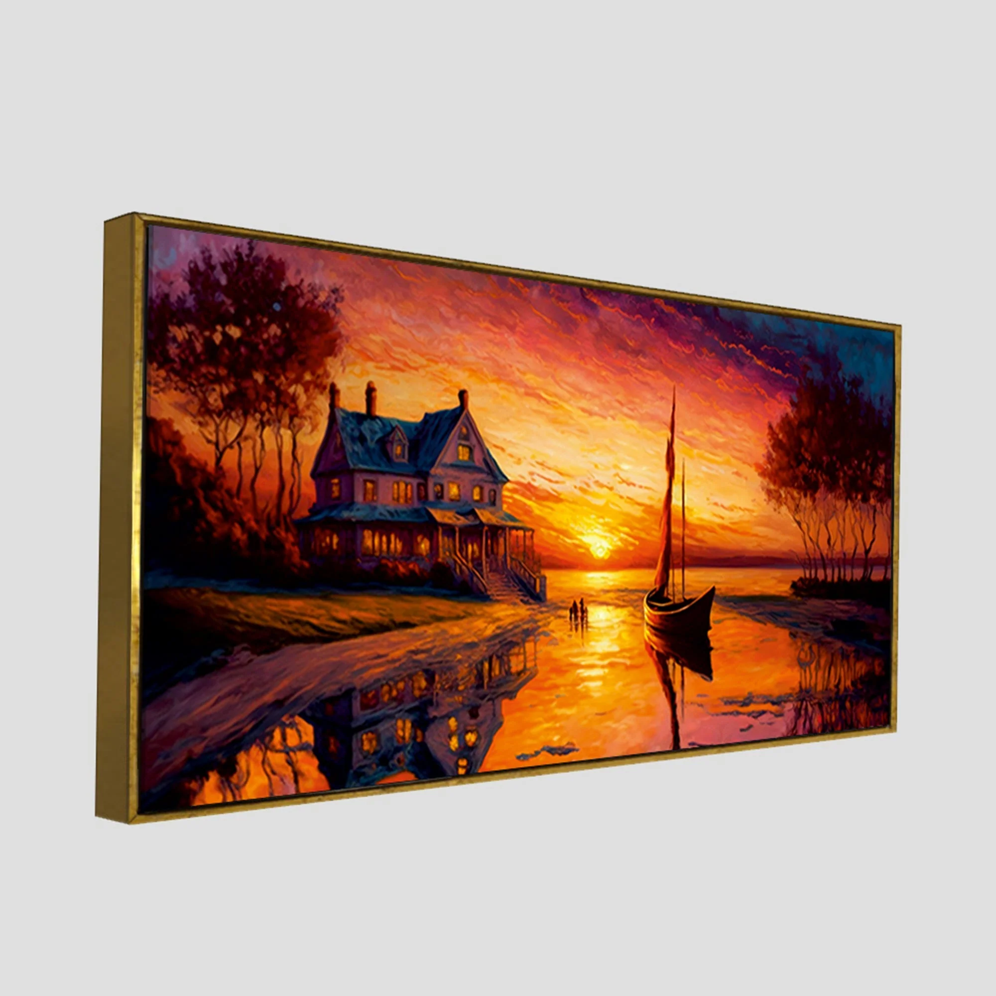 Beautiful Lake with A Sunset View Canvas Wall Painting - Image 5