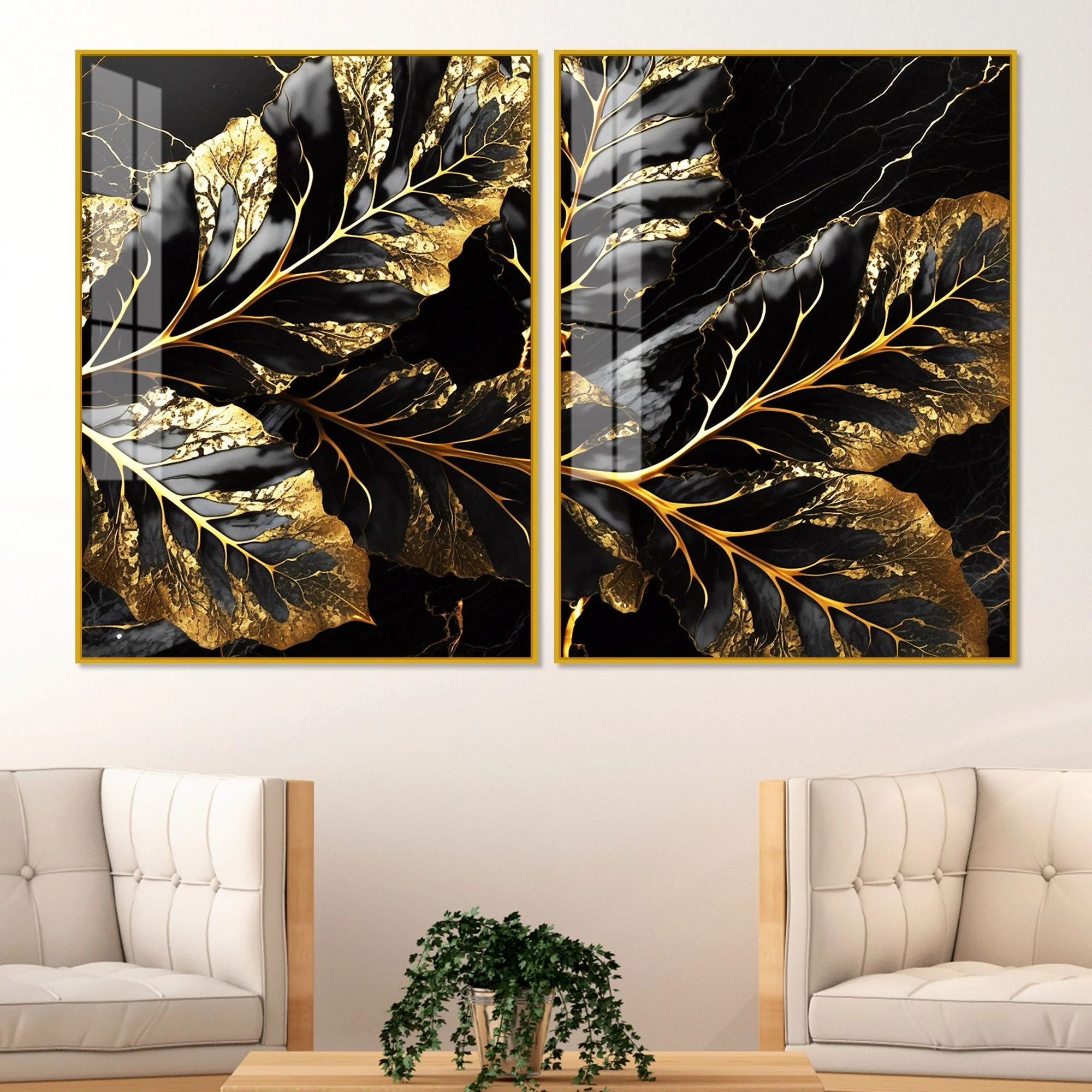 Beautiful Leaf Golden Textural Art Acrylic Floating Wall Painting Set Of 2 - Image 2