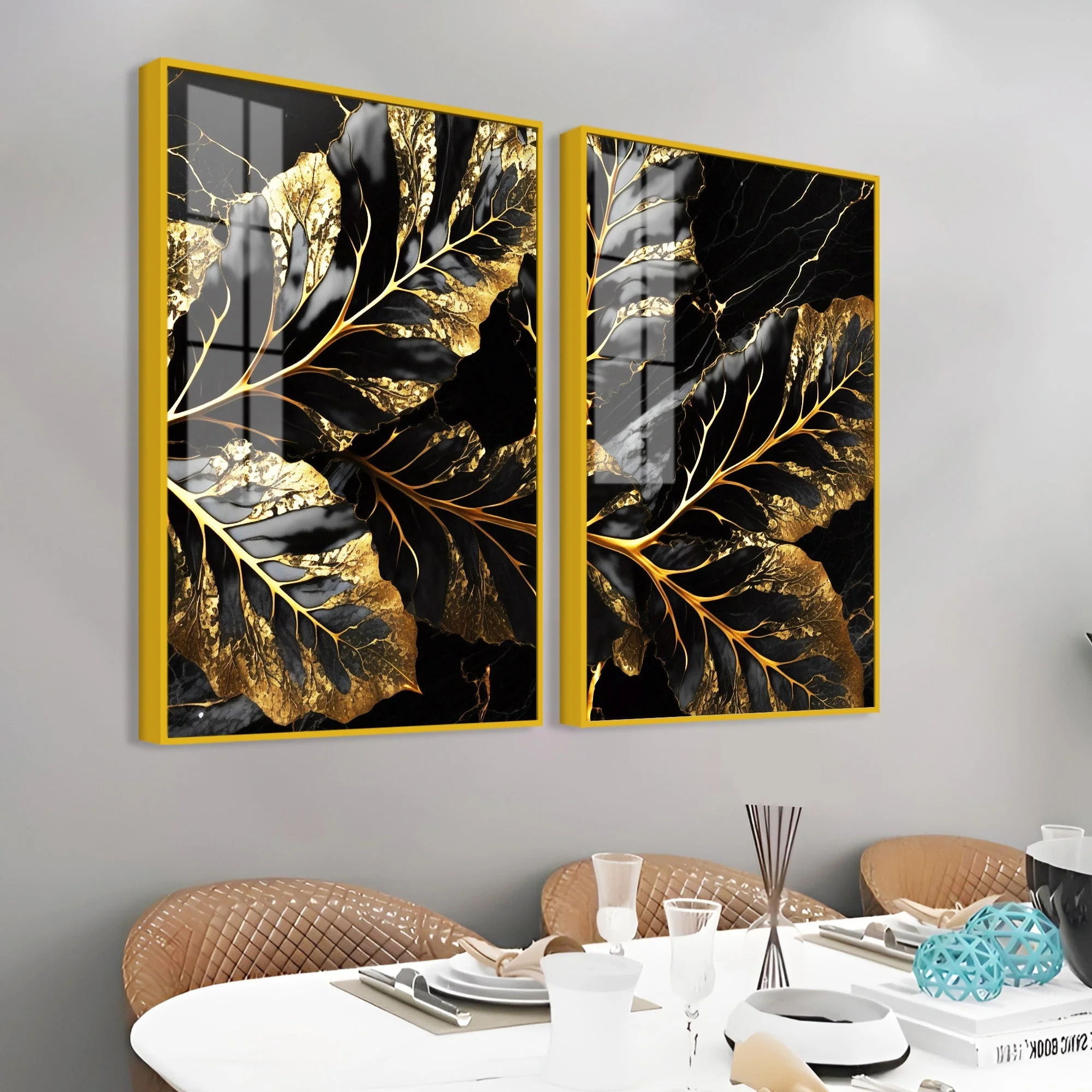 Beautiful Leaf Golden Textural Art Acrylic Floating Wall Painting Set Of 2 - Image 3