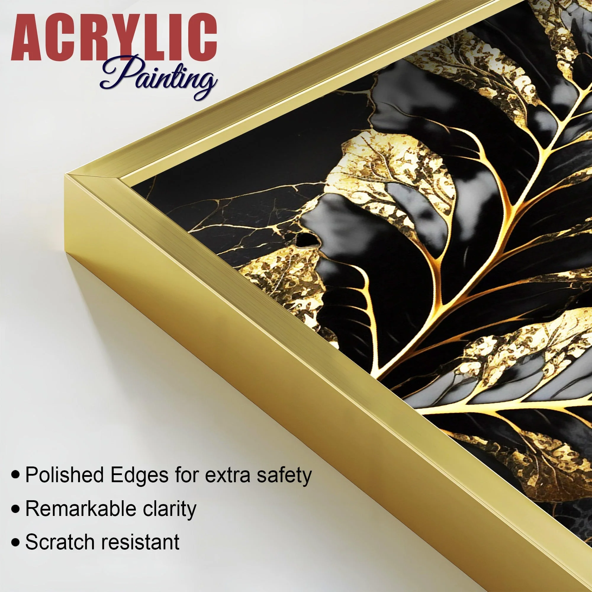 Beautiful Leaf Golden Textural Art Acrylic Floating Wall Painting Set Of 2 - Image 4