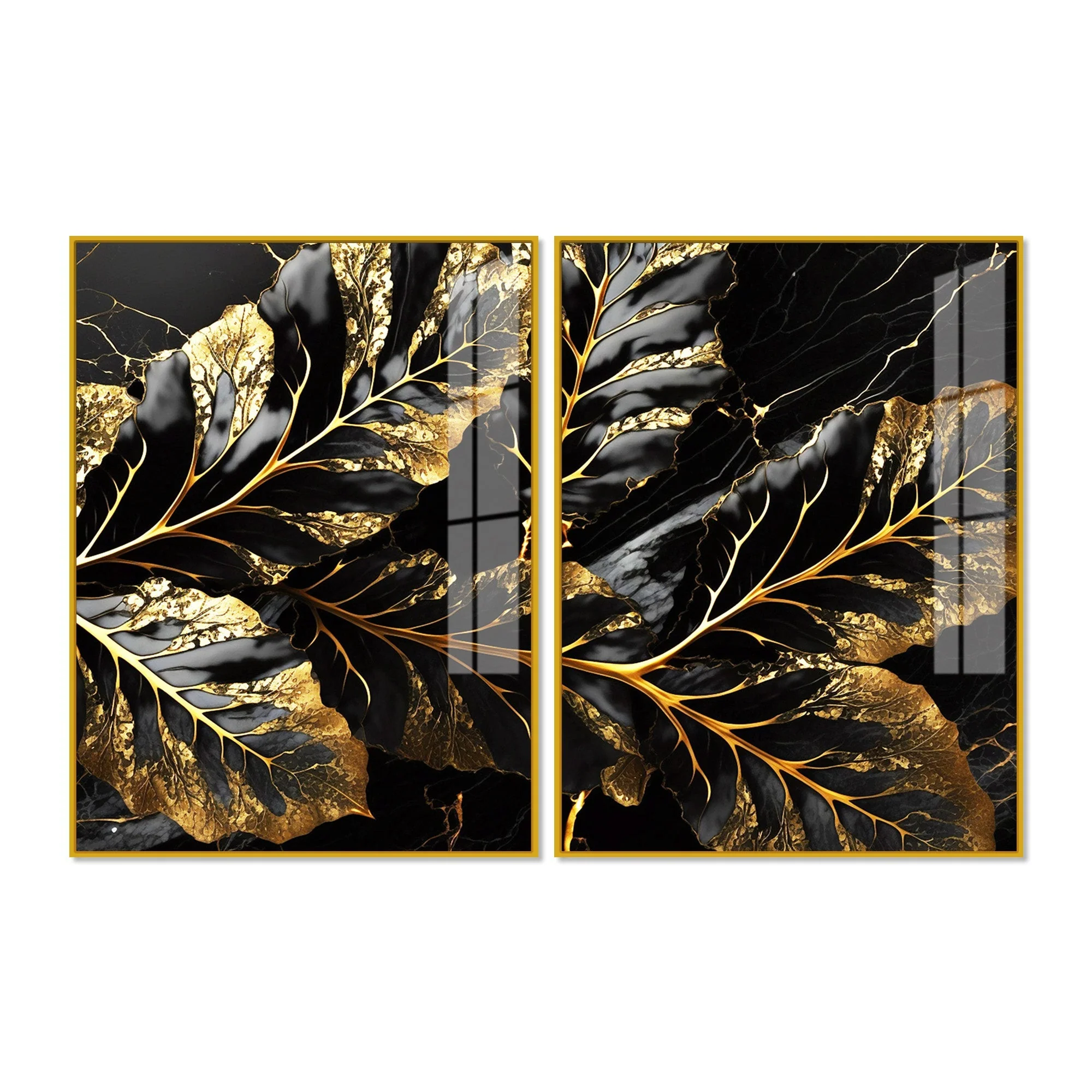 Beautiful Leaf Golden Textural Art Acrylic Floating Wall Painting Set Of 2 - Image 5