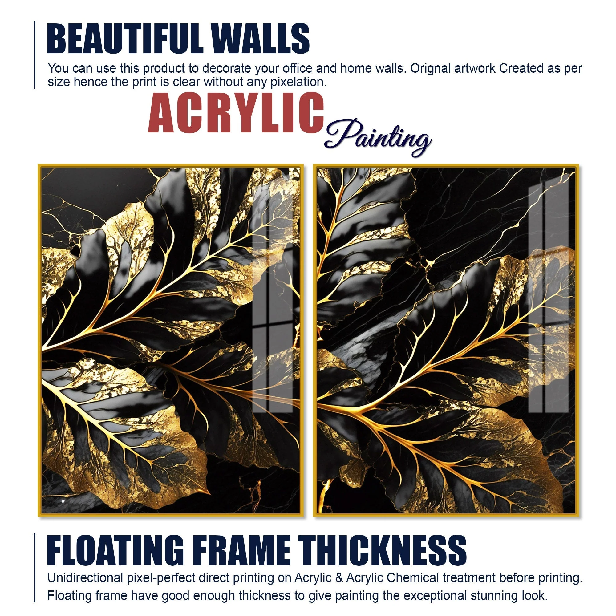 Beautiful Leaf Golden Textural Art Acrylic Floating Wall Painting Set Of 2 - Image 6