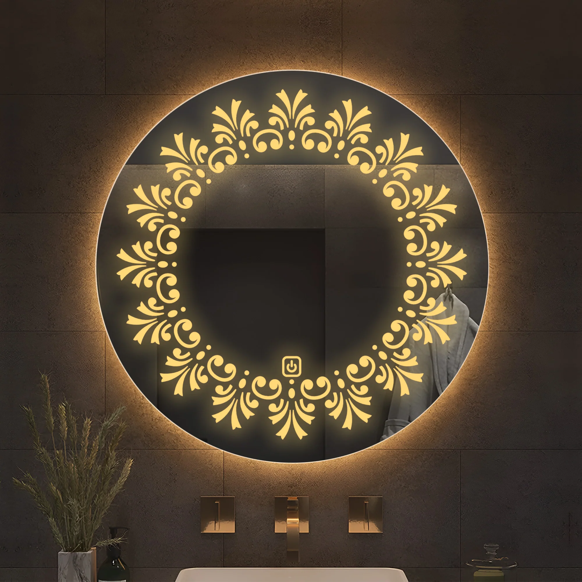 Beautiful Leaf Patten Art LED Rounded Shape Bathroom Wall Mirror - Image 2
