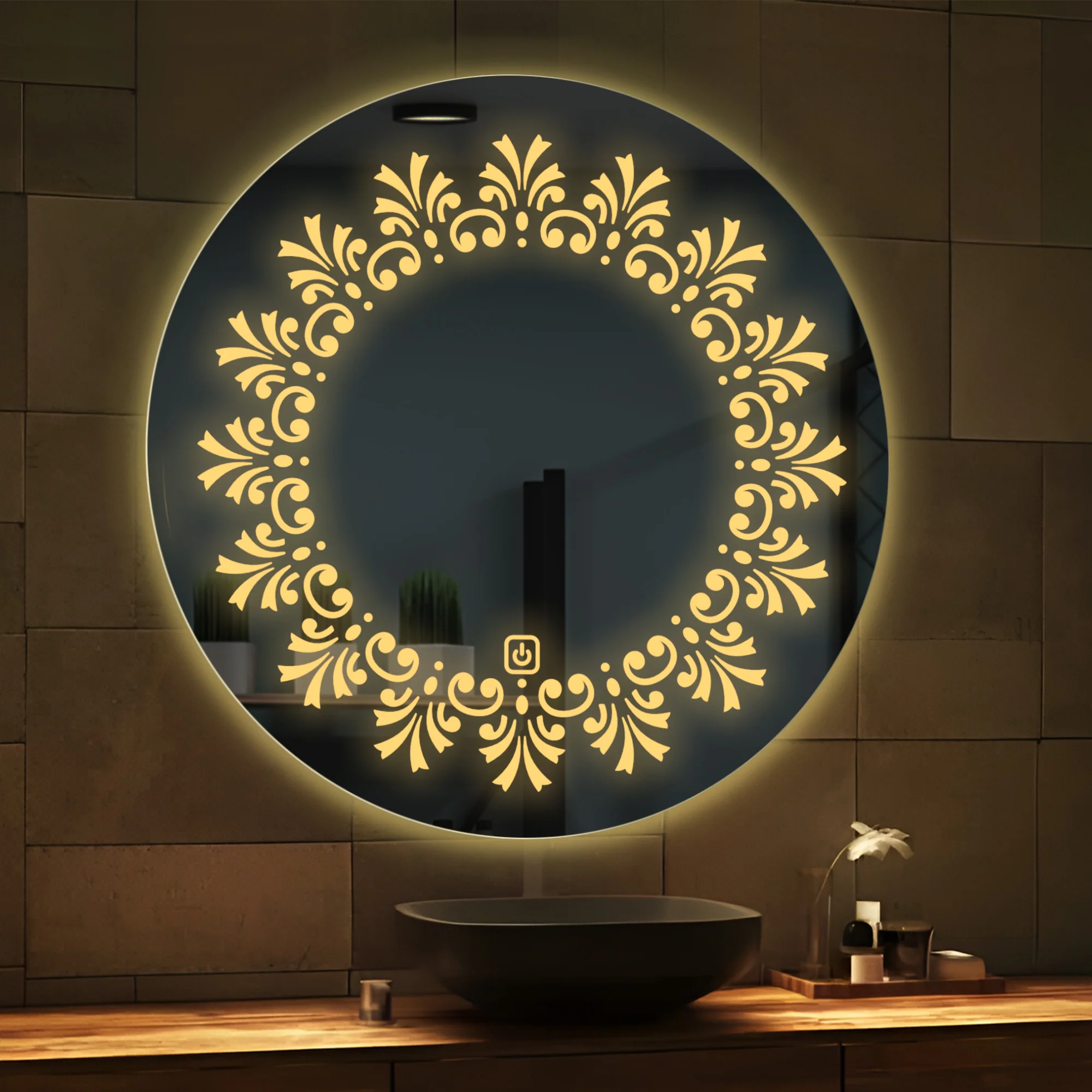 Beautiful Leaf Patten Art LED Rounded Shape Bathroom Wall Mirror - Image 3