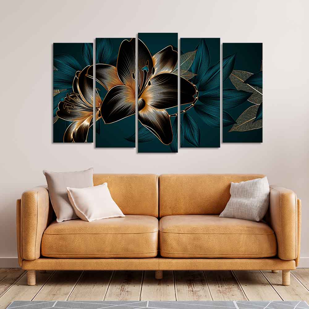 Beautiful Lilies Flowers Canvas Wall Painting Set of Five Pieces - Image 2
