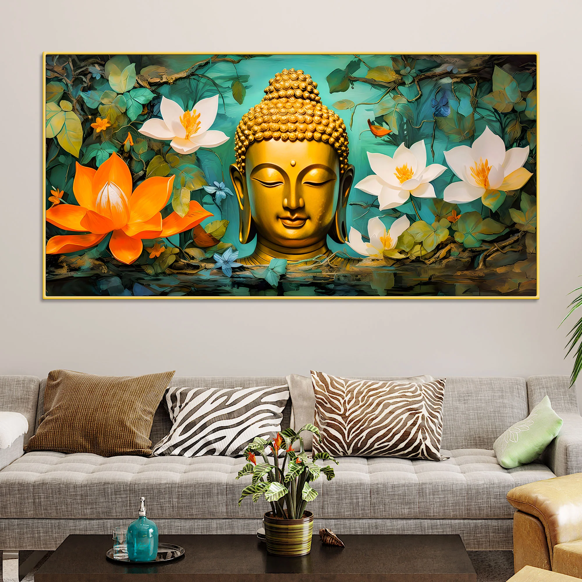 Beautiful Lord Buddha Painting with Lotus Floral Design - Image 2