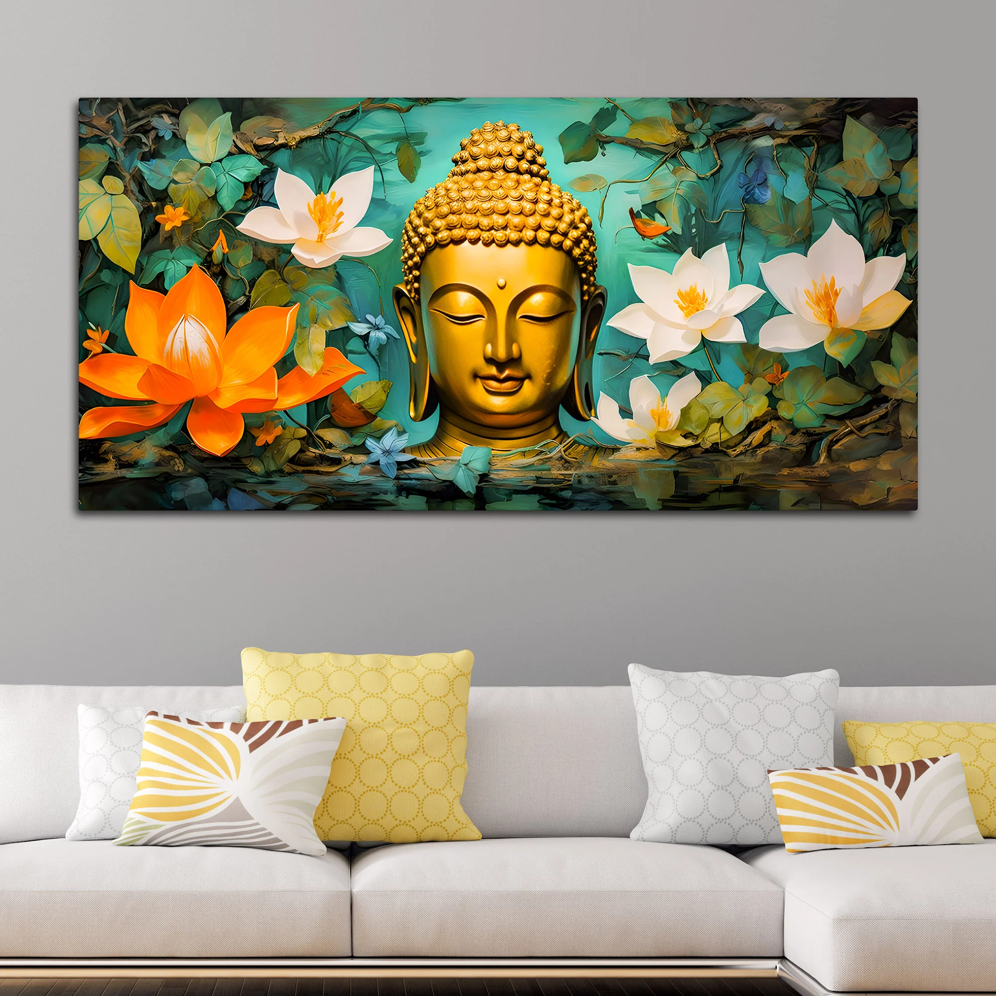 Beautiful Lord Buddha Painting with Lotus Floral Design - Image 3