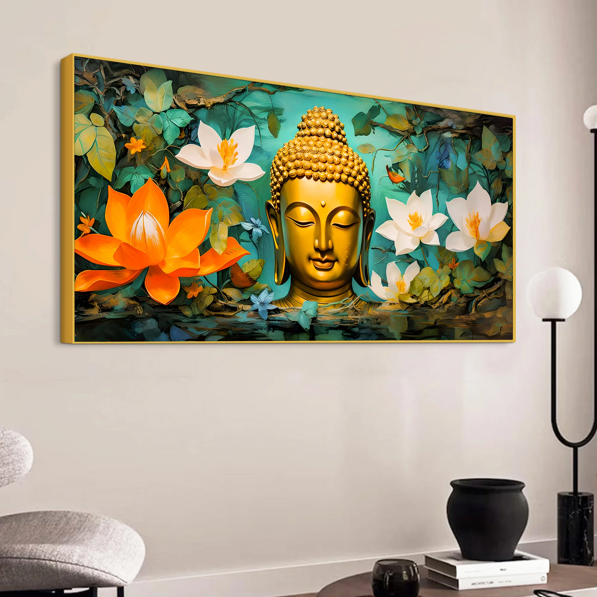 Beautiful Lord Buddha Painting with Lotus Floral Design - Image 5