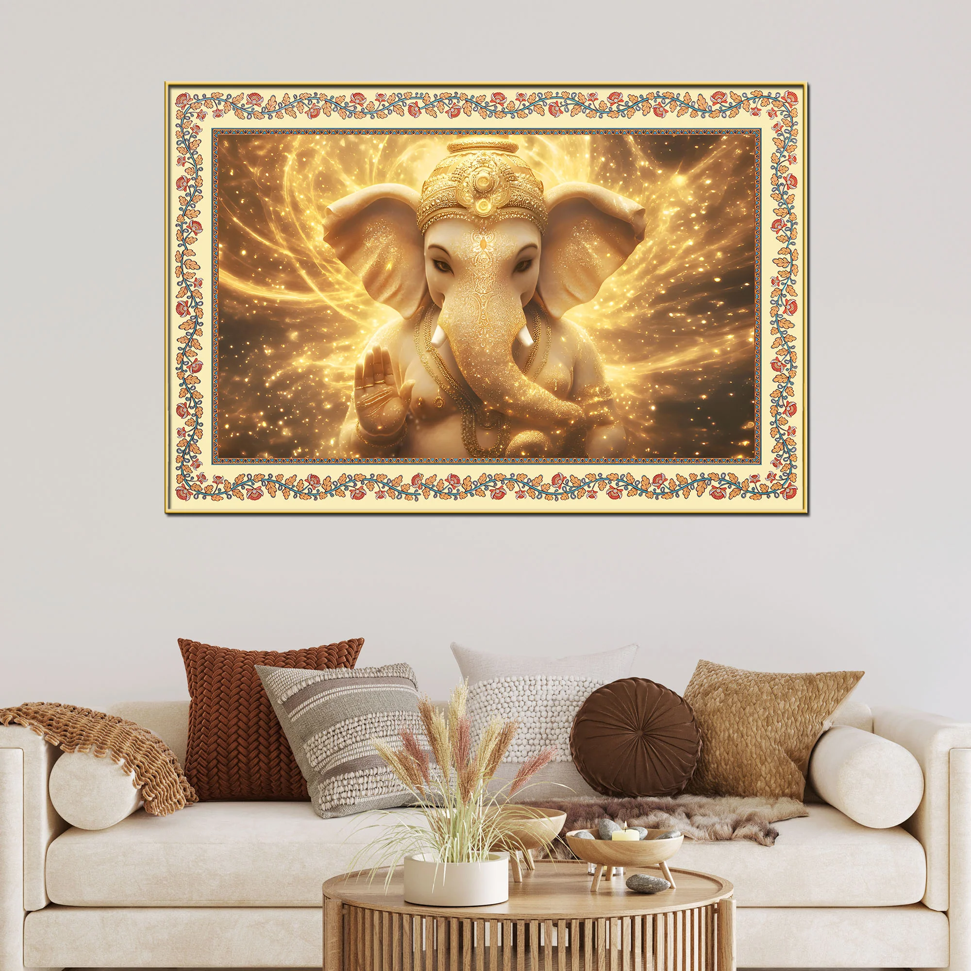 Beautiful Lord Ganesha in Lighting Floral Border Canvas Wall Painting