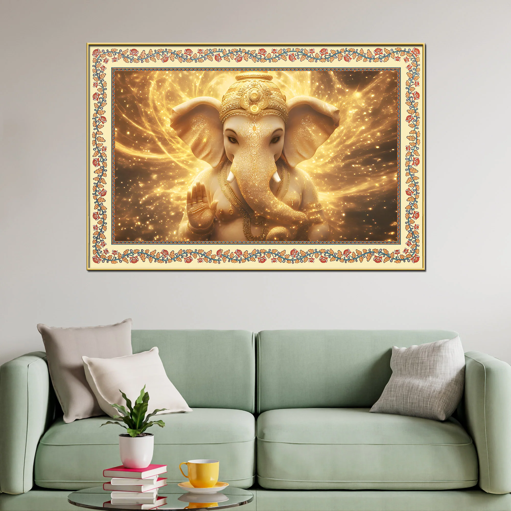 Beautiful Lord Ganesha in Lighting Floral Border Canvas Wall Painting - Image 2