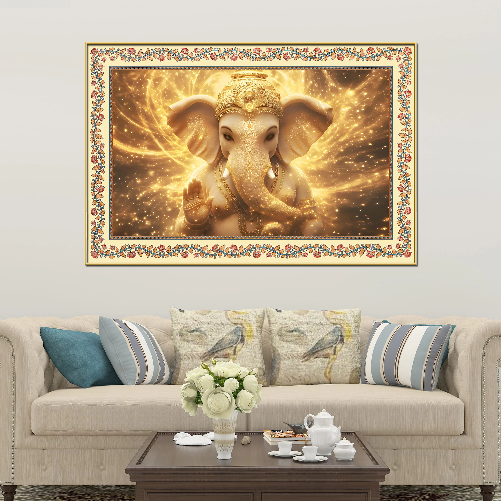 Beautiful Lord Ganesha in Lighting Floral Border Canvas Wall Painting - Image 3