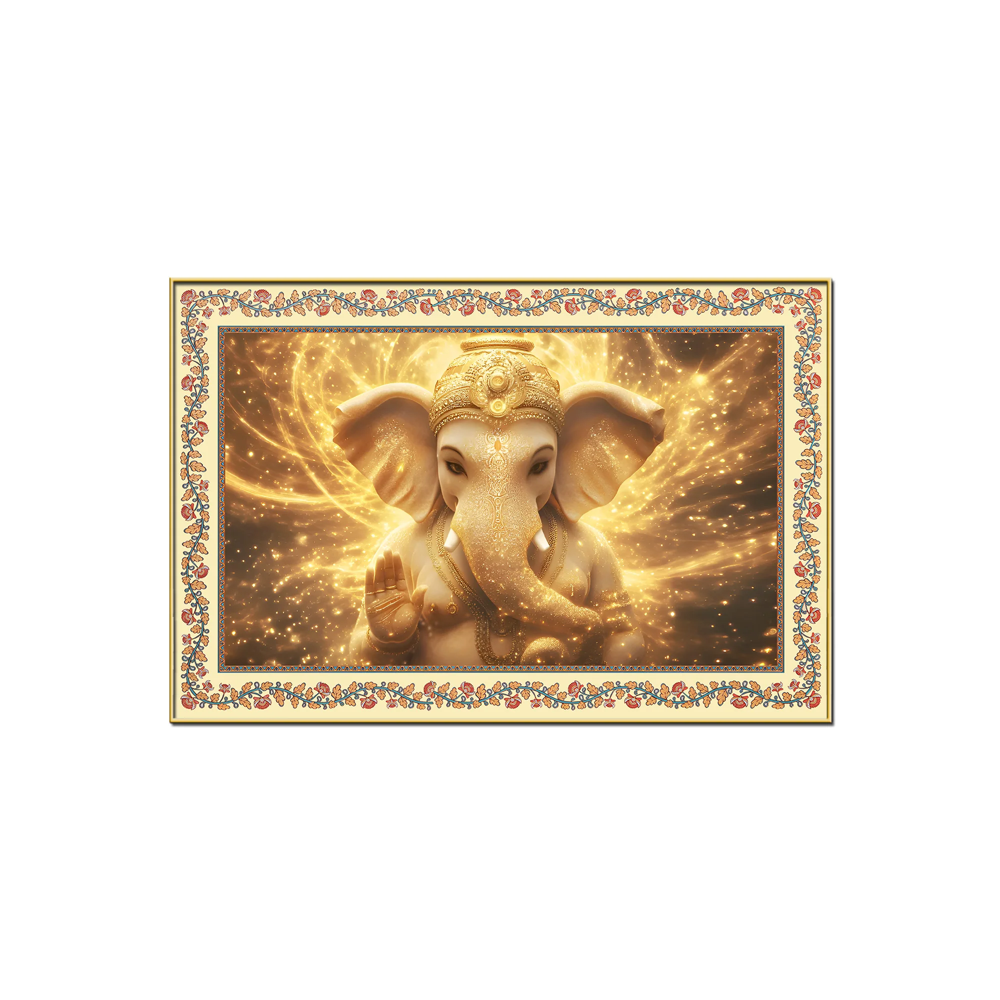 Beautiful Lord Ganesha in Lighting Floral Border Canvas Wall Painting - Image 4
