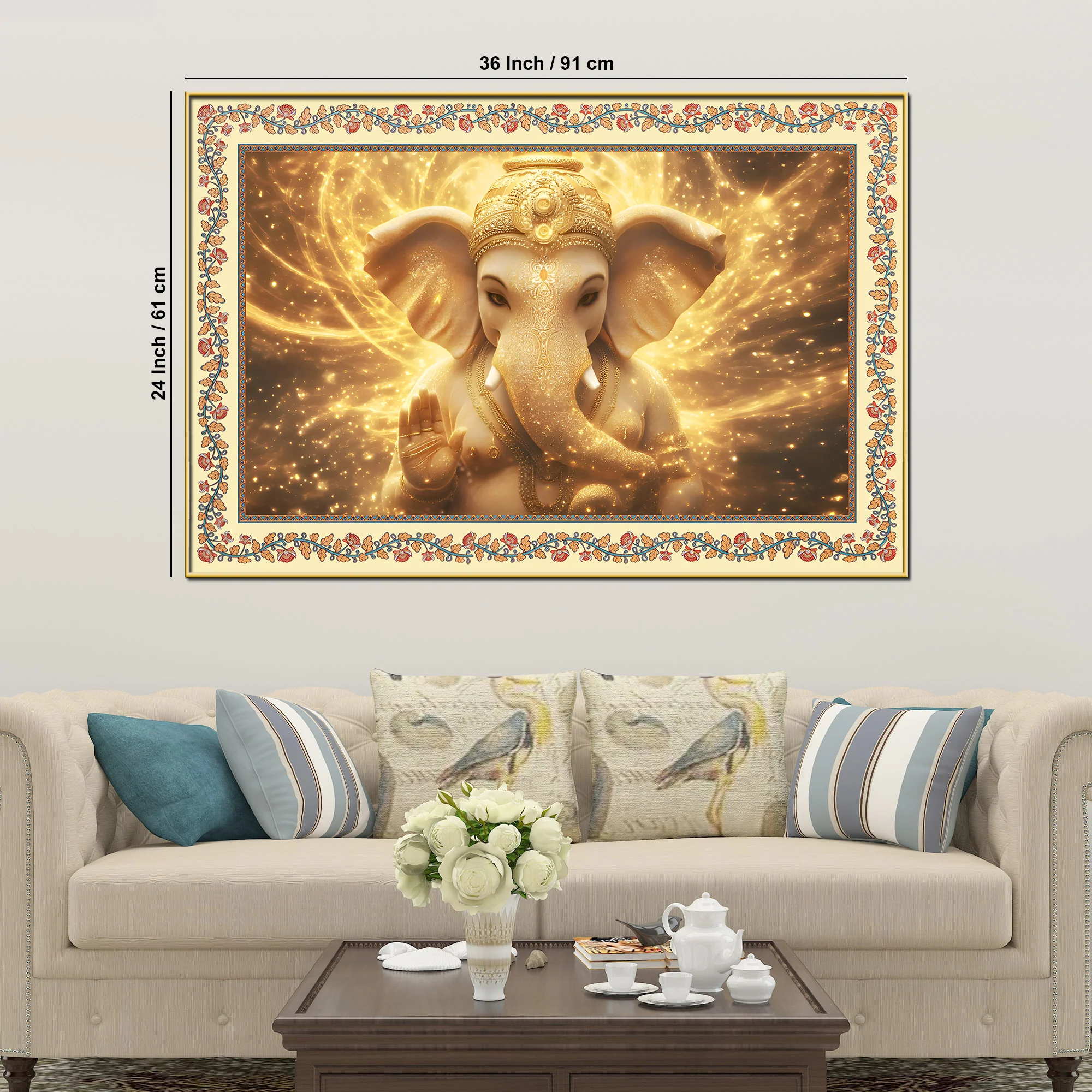 Beautiful Lord Ganesha in Lighting Floral Border Canvas Wall Painting - Image 6