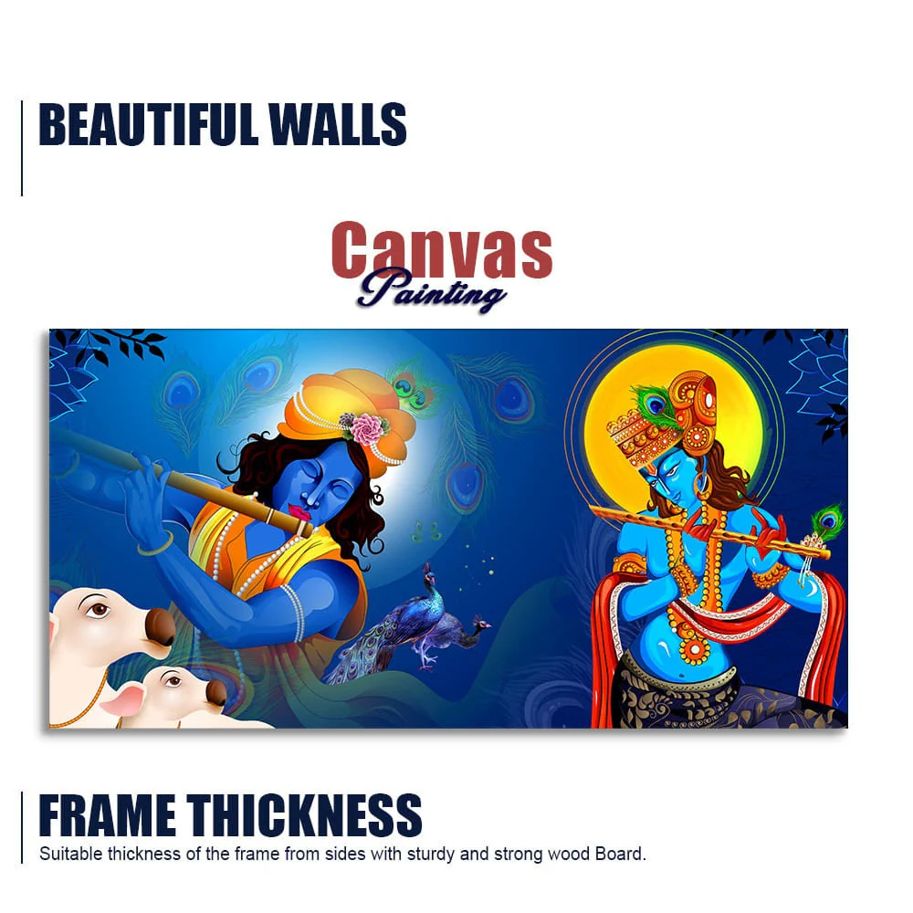 Beautiful Lord Krishna Playing with Flute Premium Canvas Wall Painting - Image 6