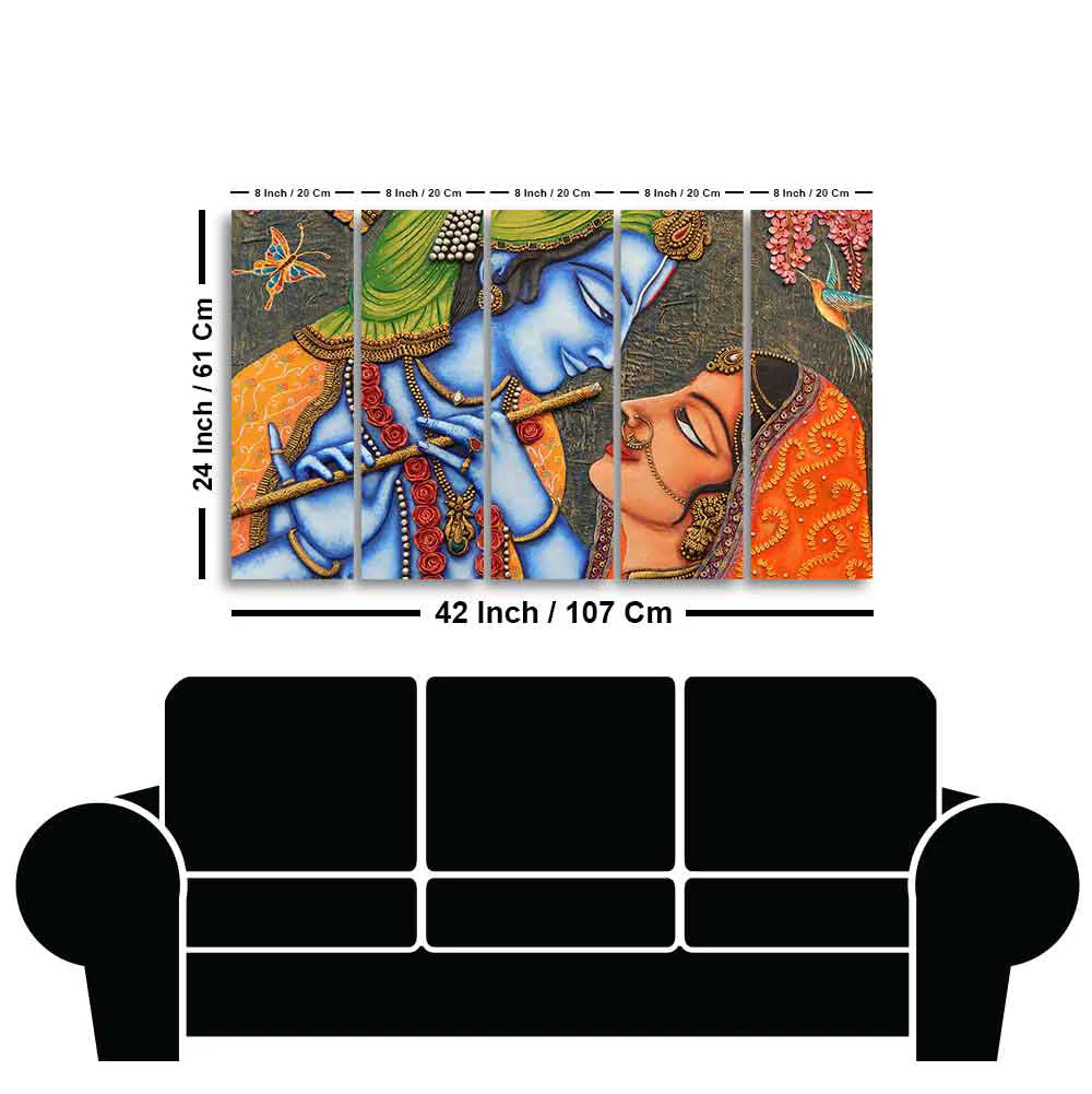 Beautiful Lord Radha Krishna Five Pieces Wall Painting - Image 6