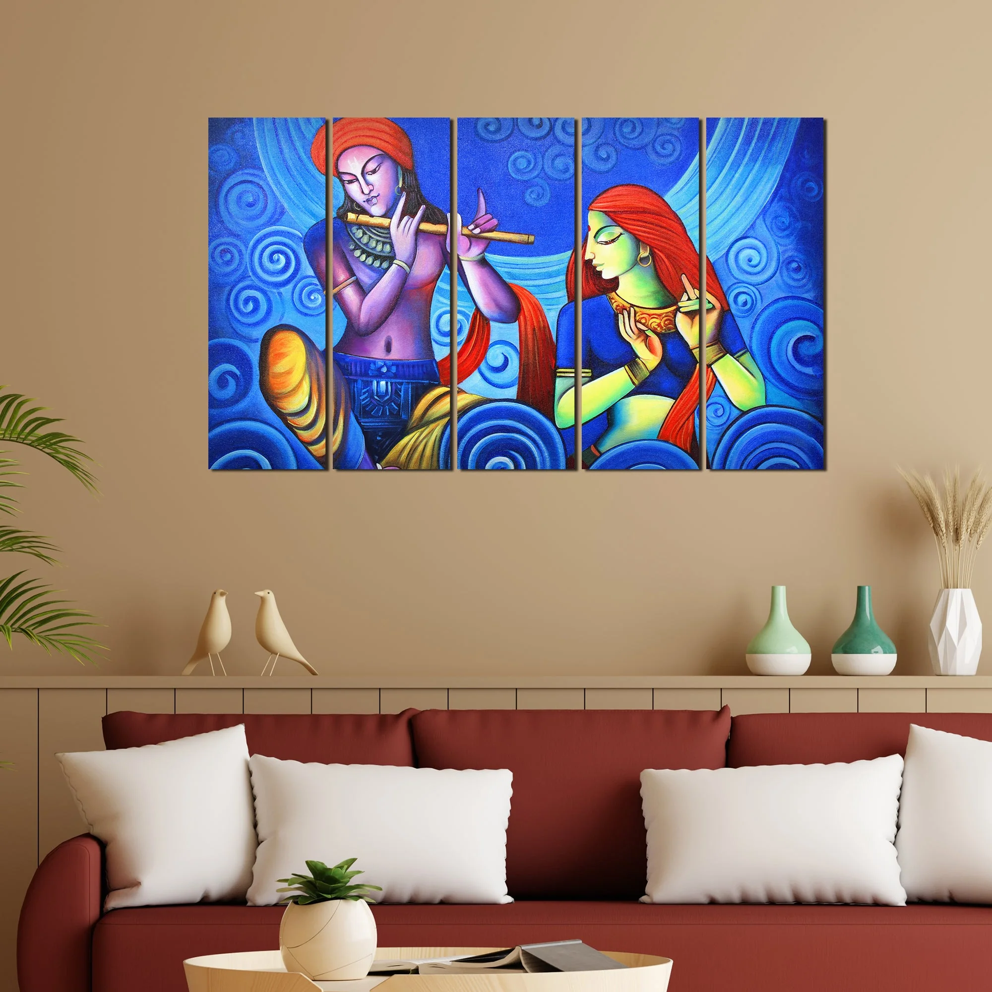 Beautiful Lord Radha Krishna Wall Painting 5 Pieces - Image 2