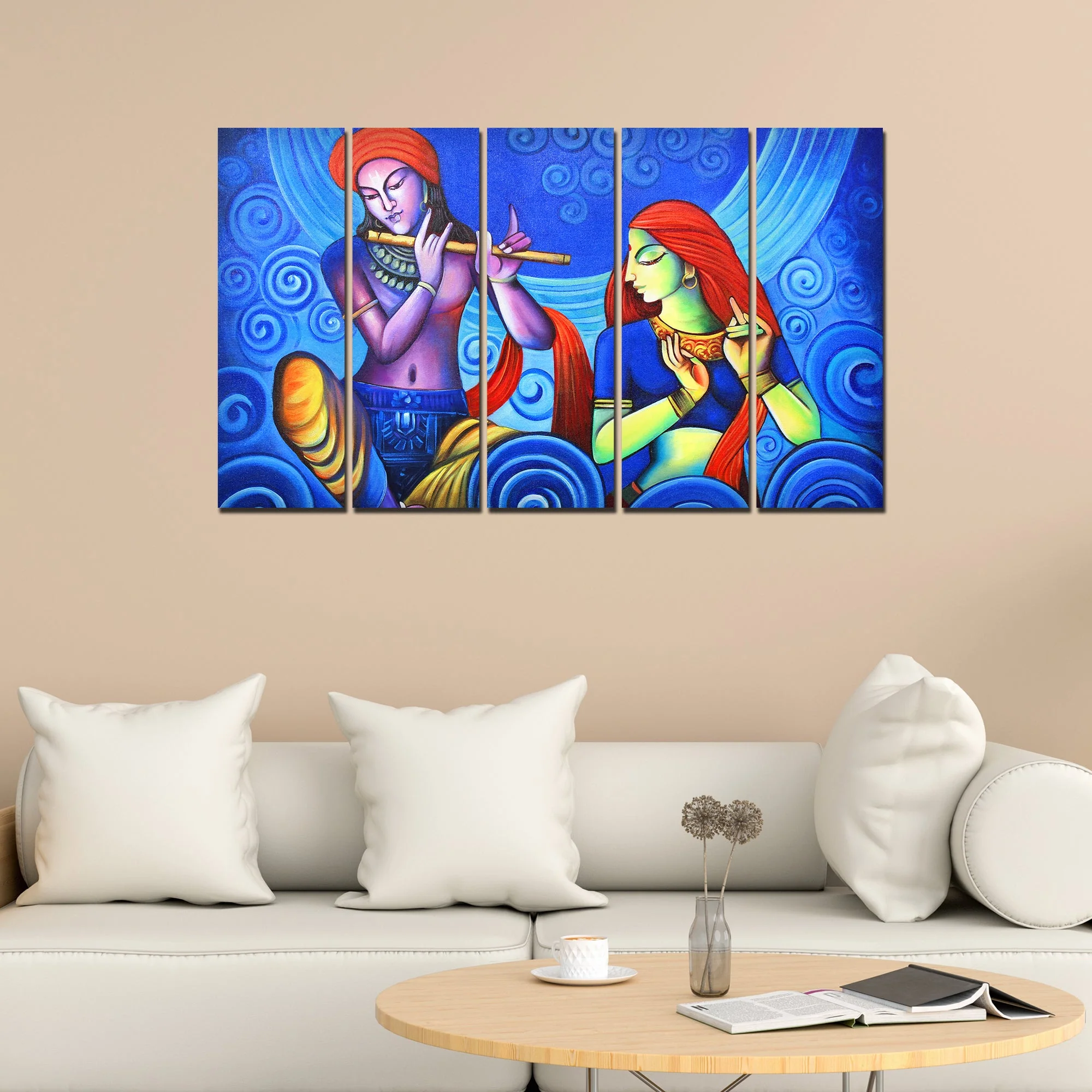 Beautiful Lord Radha Krishna Wall Painting 5 Pieces - Image 3