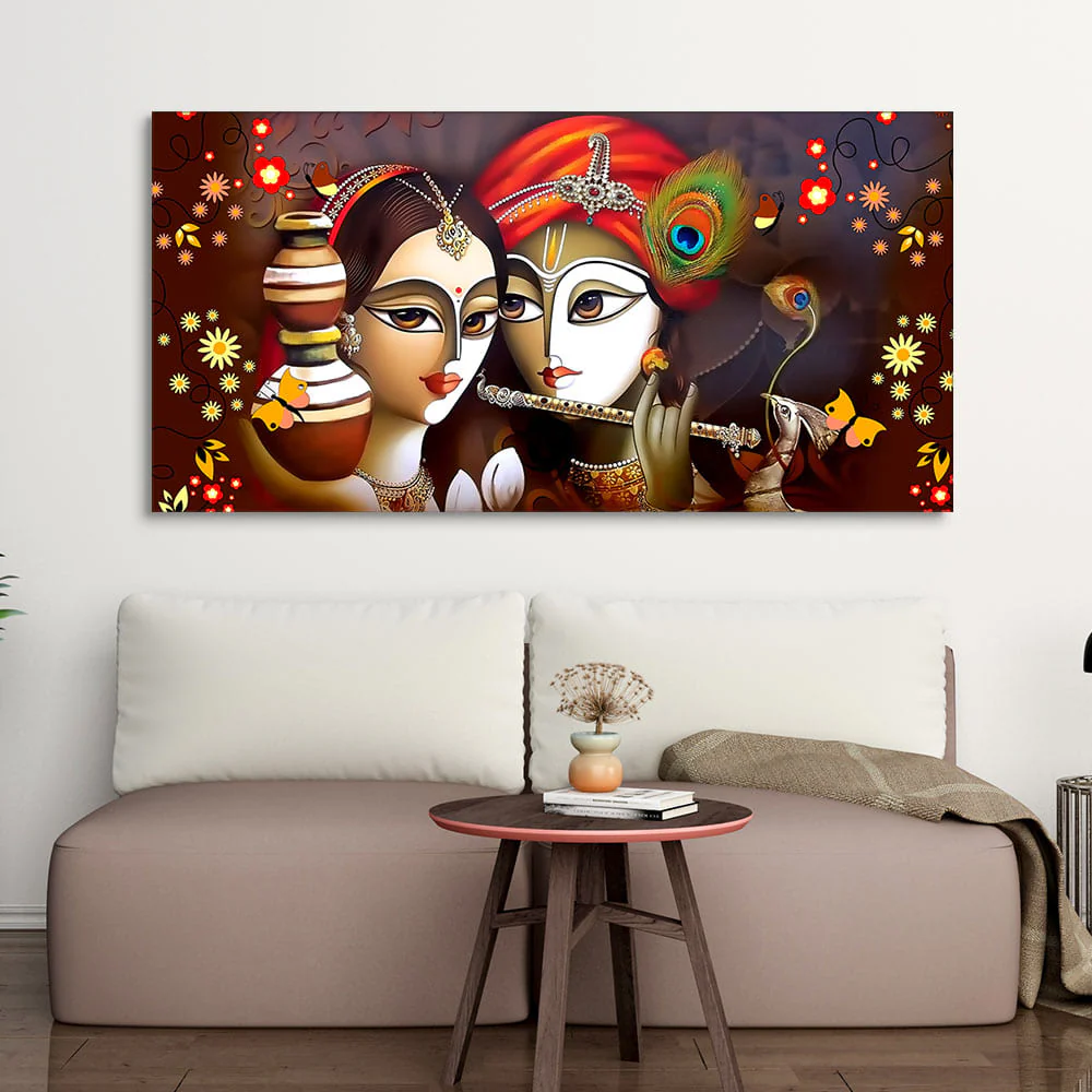 Beautiful Lord Radha Krishna with Flute Canvas Wall Painting - Image 2
