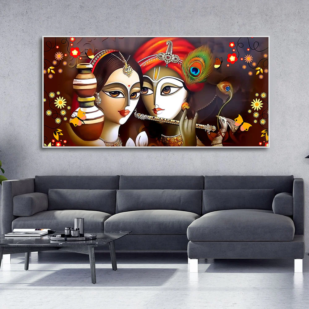 Beautiful Lord Radha Krishna with Flute Canvas Wall Painting - Image 3
