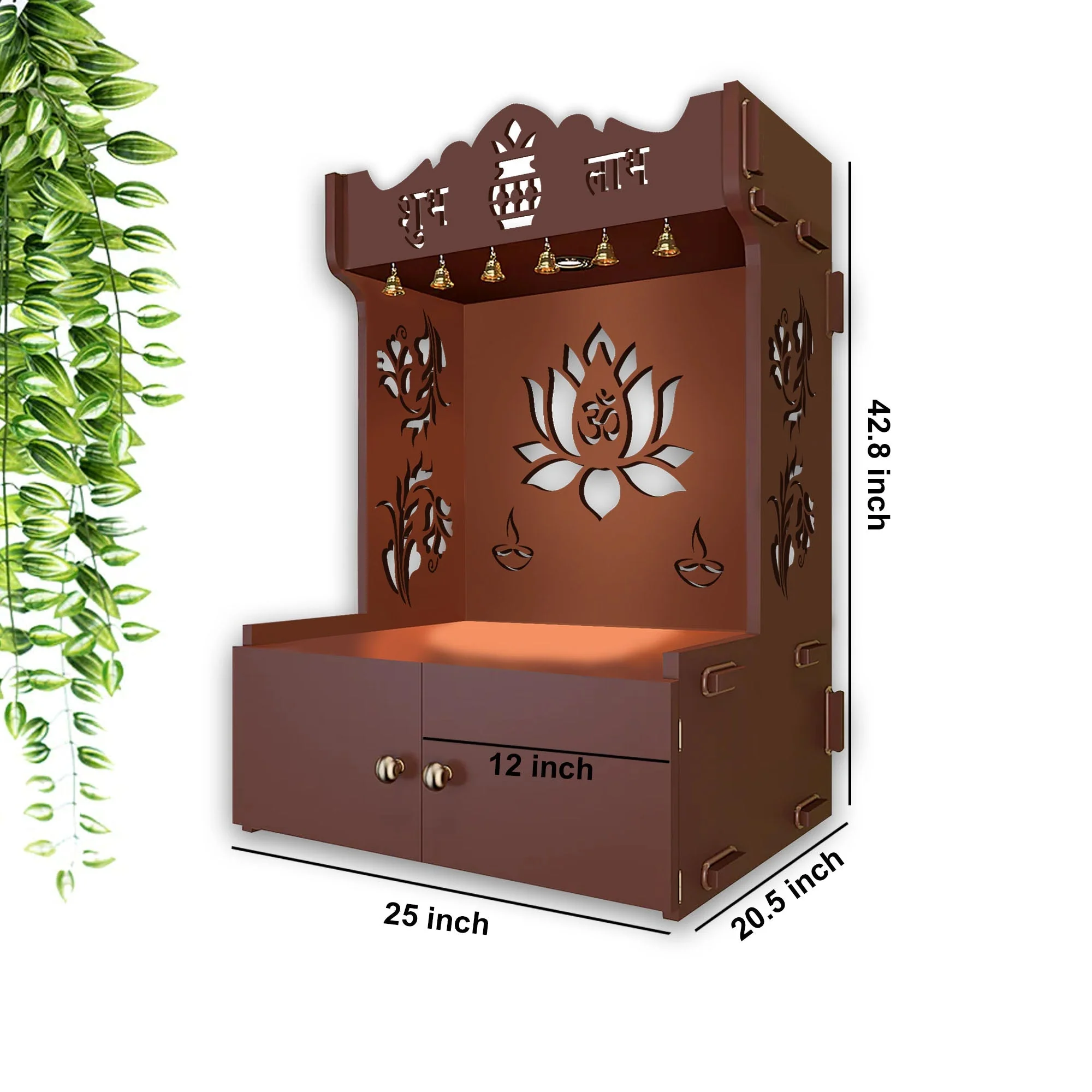 Beautiful Lotus Pattern Floor Temple with Spacious Wooden Shelf & Inbuilt Focus Light- Brown Finish - Image 4