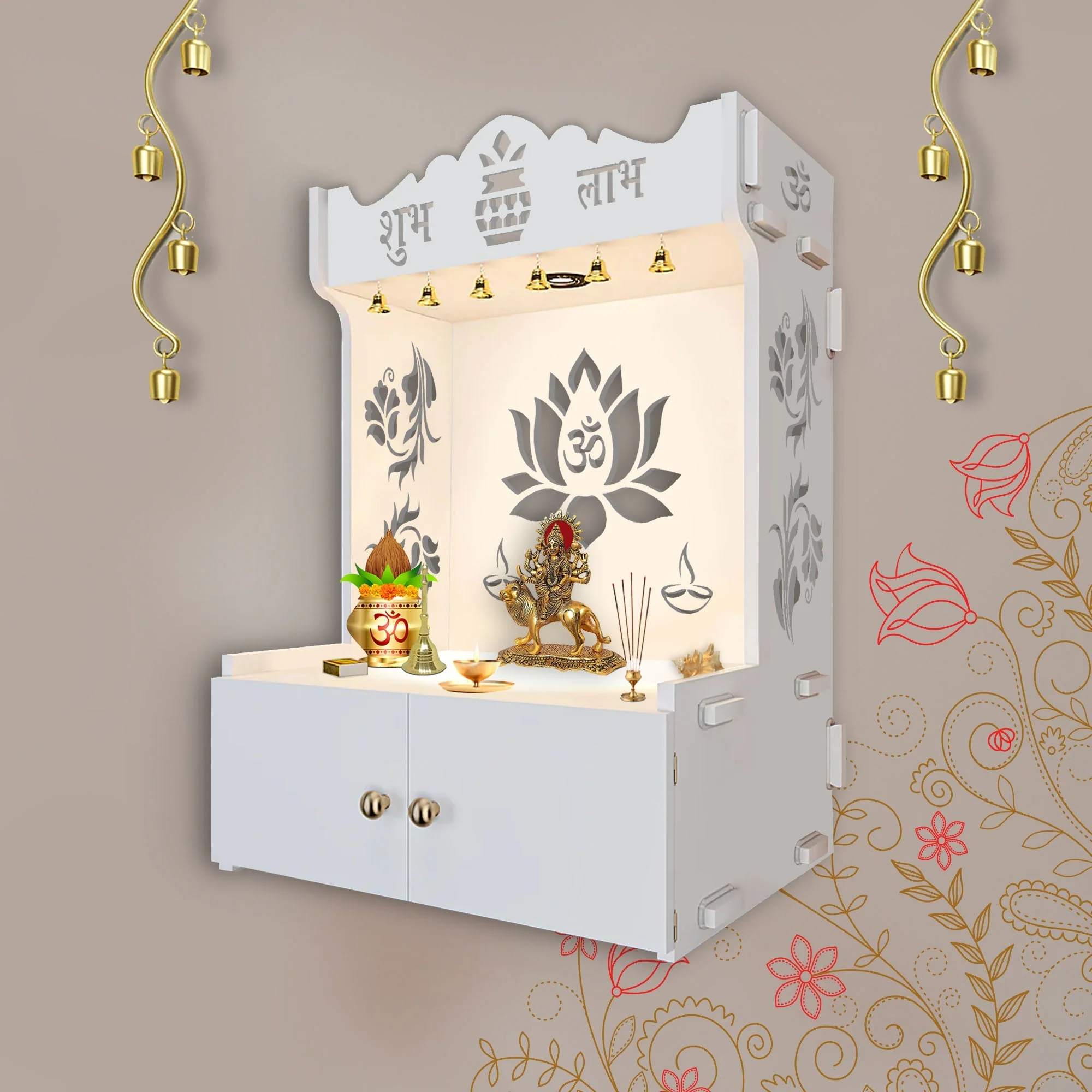 Beautiful Lotus Pattern White Wooden Wall Temple for Home With Inbuilt focus Lights & Spacious Shelf - Image 2