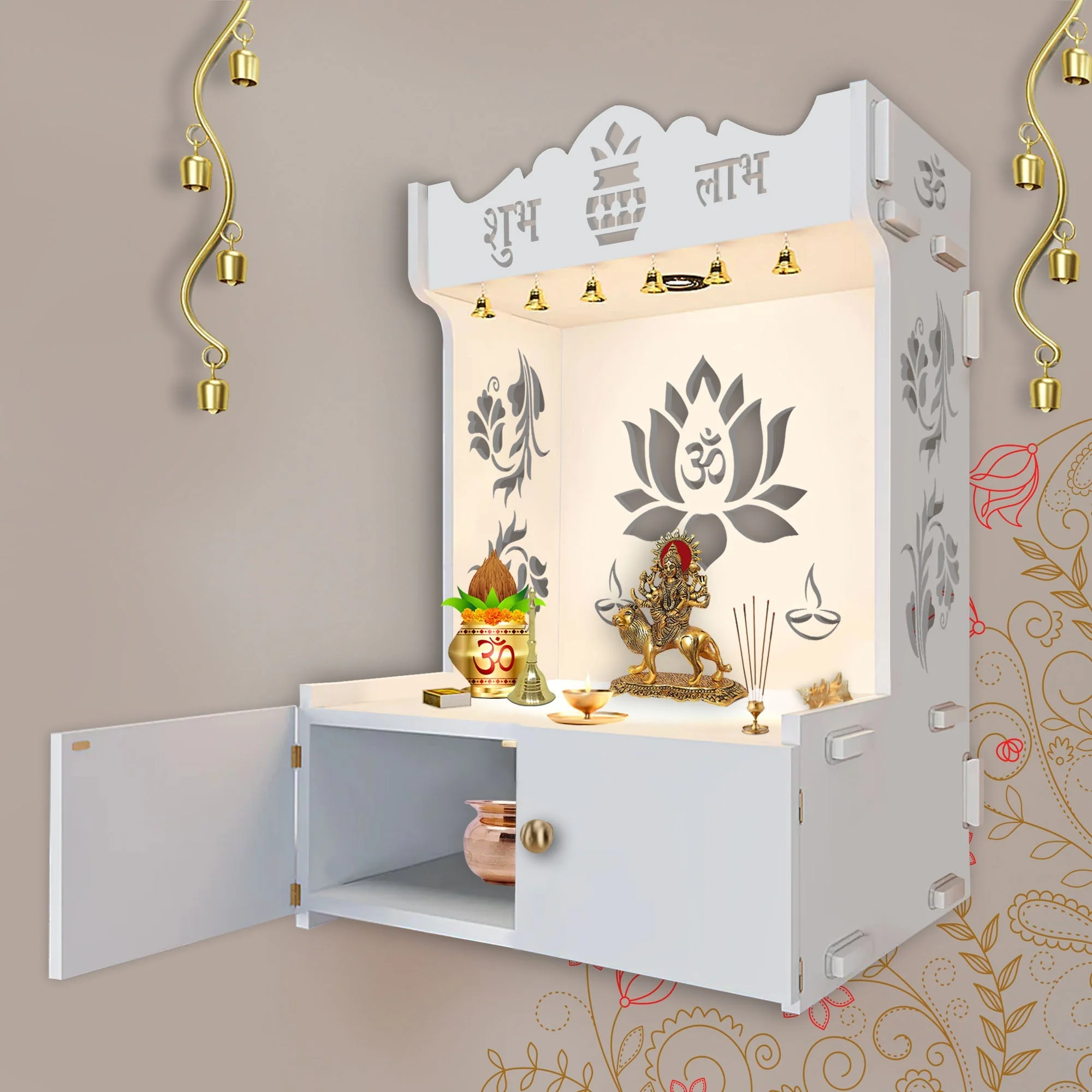 Beautiful Lotus Pattern White Wooden Wall Temple for Home With Inbuilt focus Lights & Spacious Shelf - Image 3