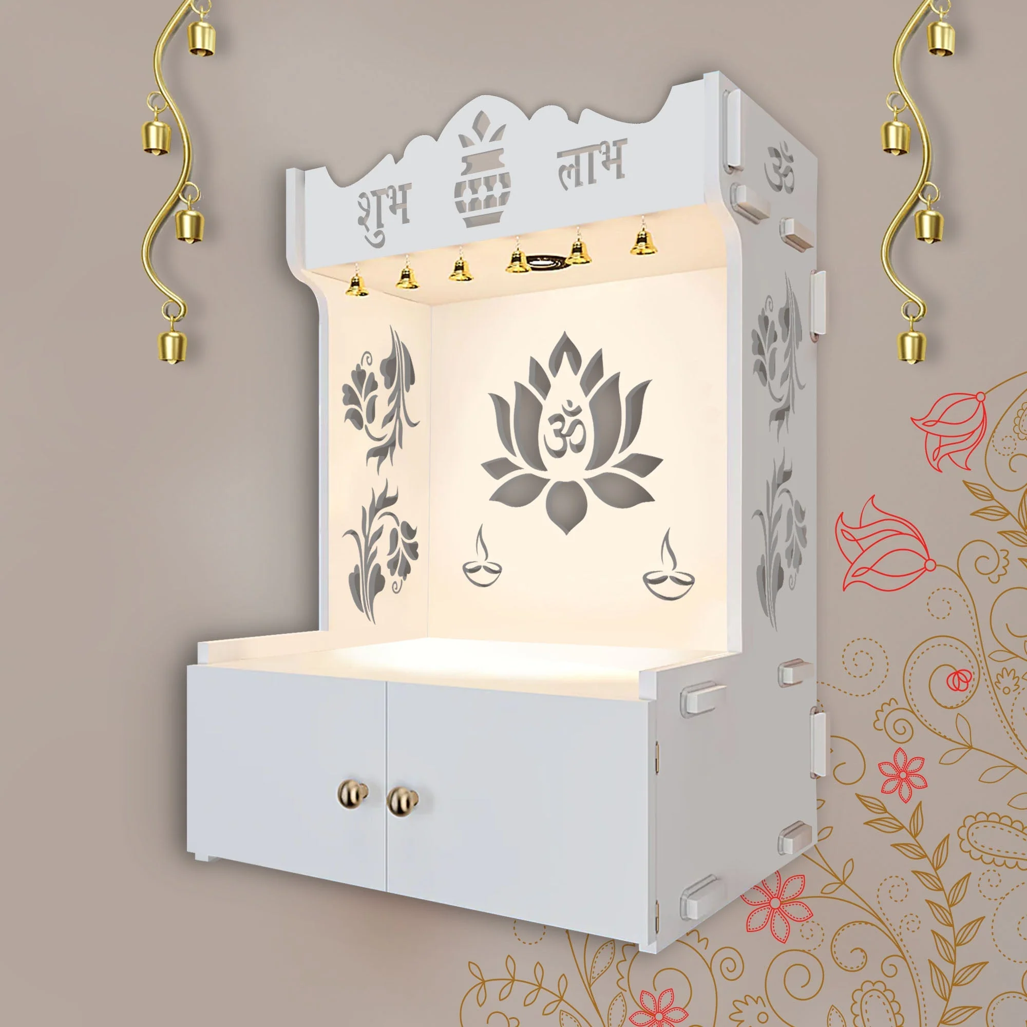 Beautiful Lotus Pattern White Wooden Wall Temple for Home With Inbuilt focus Lights & Spacious Shelf - Image 4