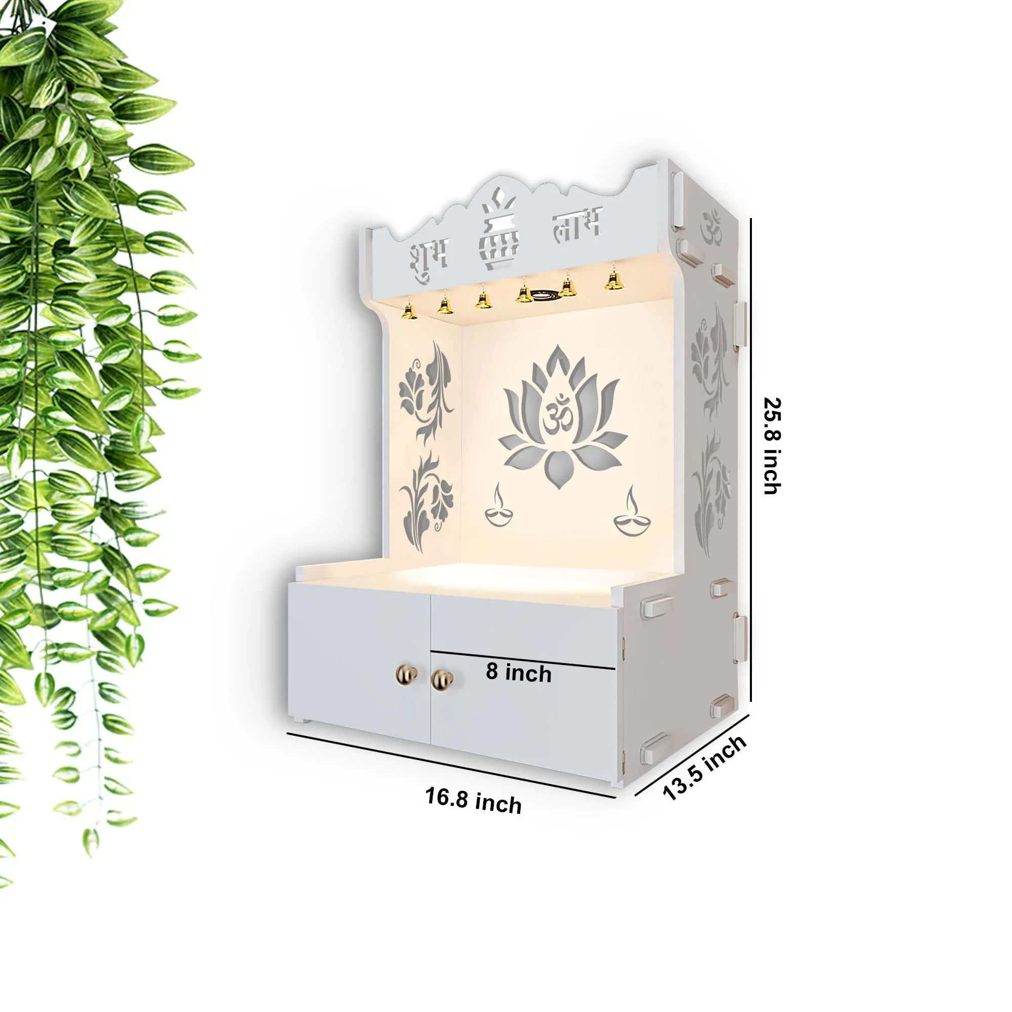 Beautiful Lotus Pattern White Wooden Wall Temple for Home With Inbuilt focus Lights & Spacious Shelf - Image 5