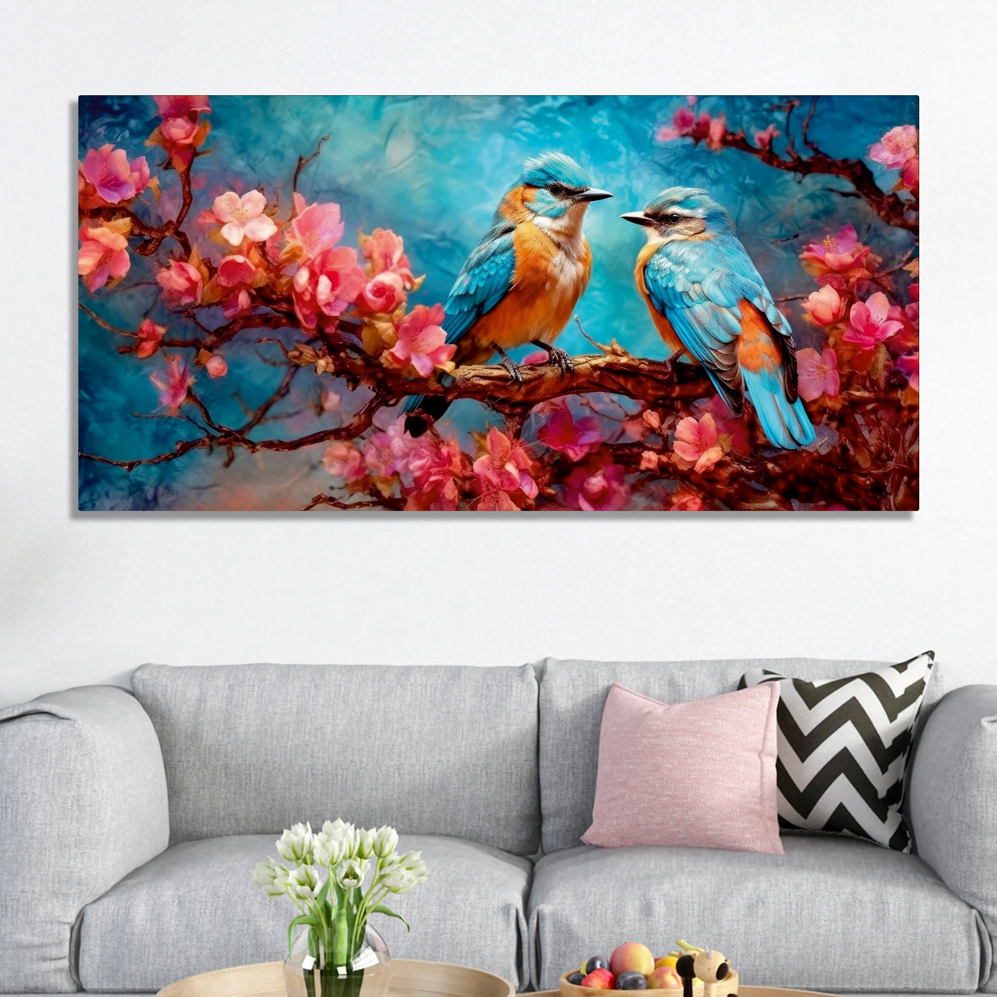 Beautiful Love Birds on a Branch with Pink Flowers Canvas Wall Painting - Image 3