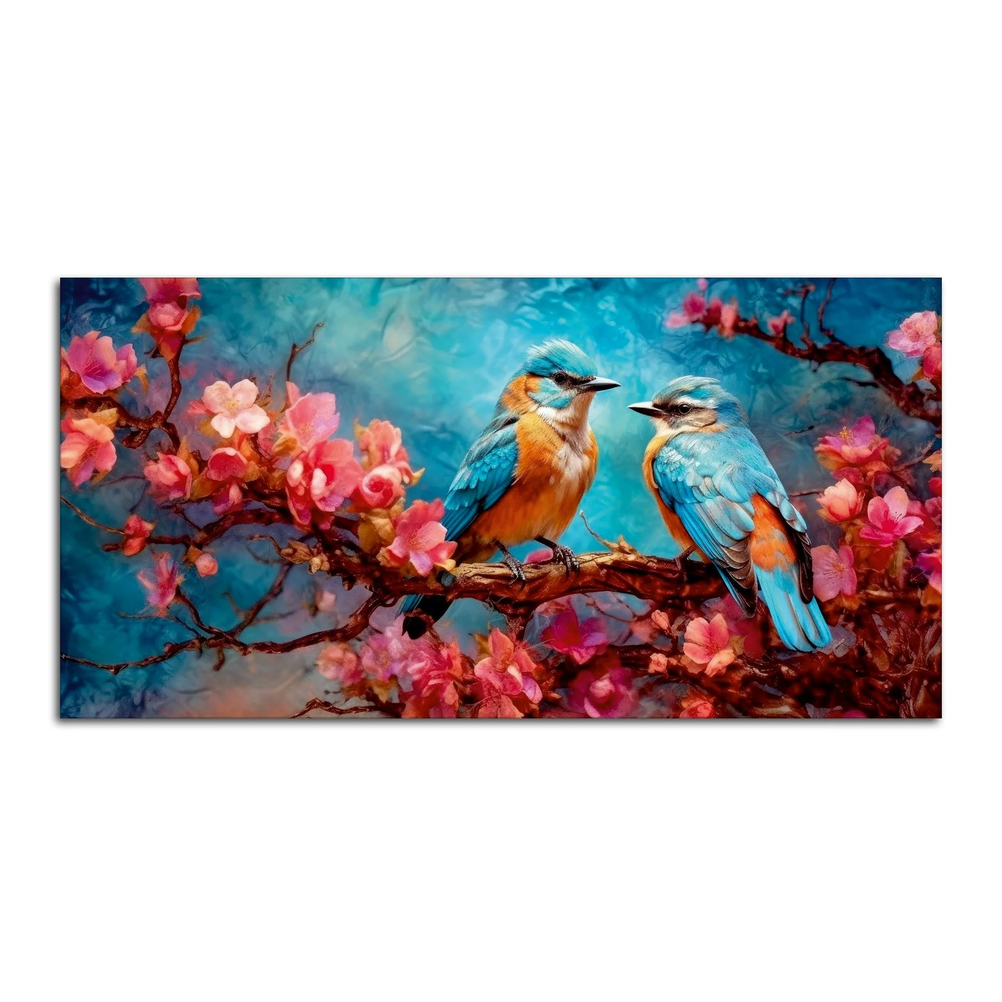 Beautiful Love Birds on a Branch with Pink Flowers Canvas Wall Painting - Image 4