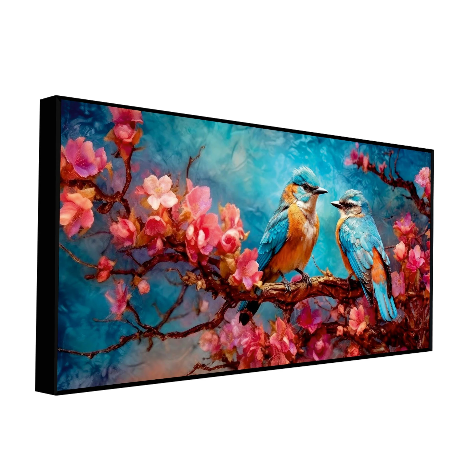 Beautiful Love Birds on a Branch with Pink Flowers Canvas Wall Painting - Image 5