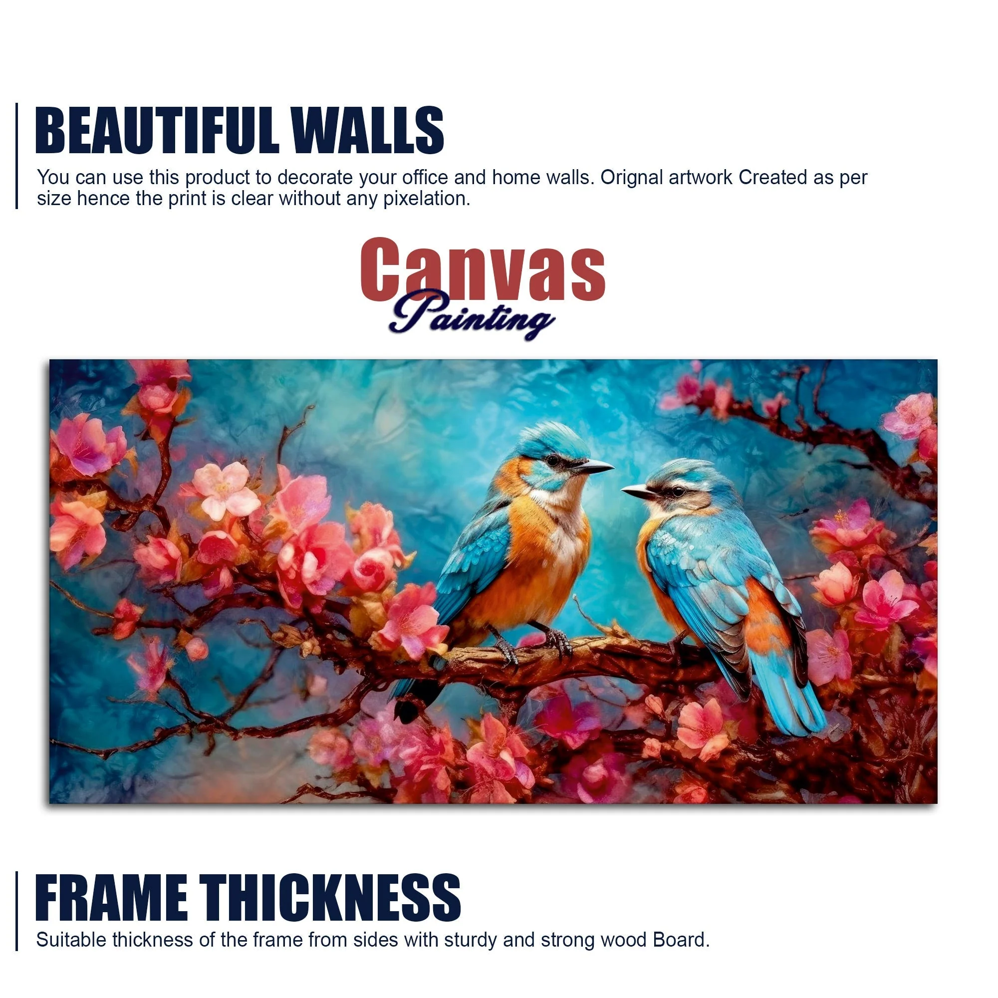 Beautiful Love Birds on a Branch with Pink Flowers Canvas Wall Painting - Image 6