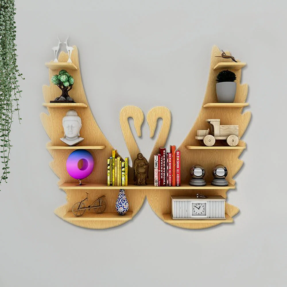 Beautiful Loving Swan Backlit Designer Wooden Wall Shelf / Book Shelf / Night Light, Light Oak Finish - Image 3