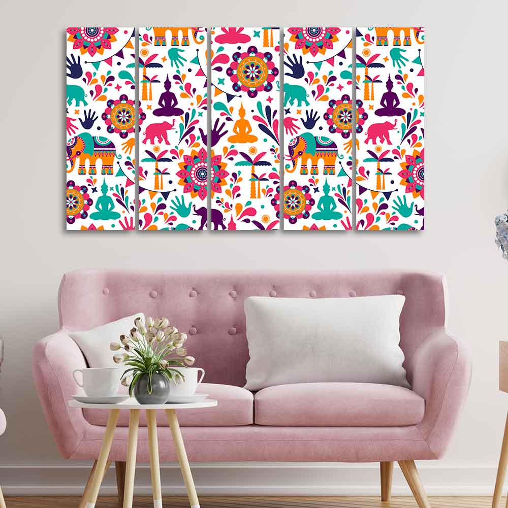 Beautiful Madhubani Art Canvas Wall Painting Set of Five - Image 2