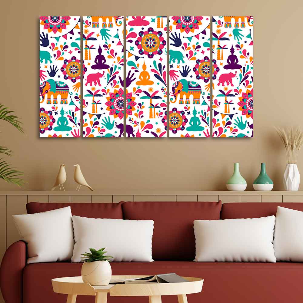 Beautiful Madhubani Art Canvas Wall Painting Set of Five - Image 3