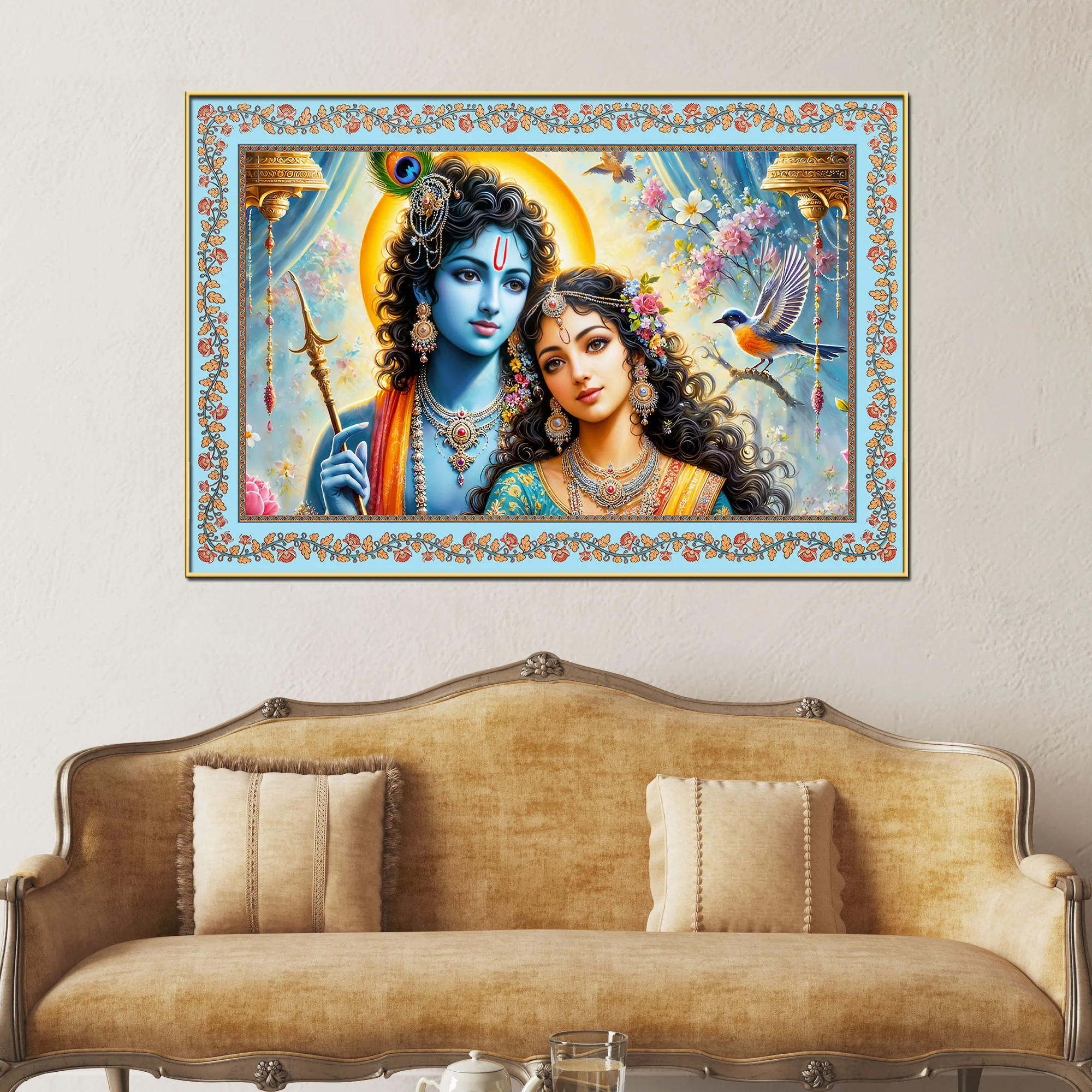 Beautiful Modern Art Radha Krishna Floral Border Canvas Wall Painting - Image 2