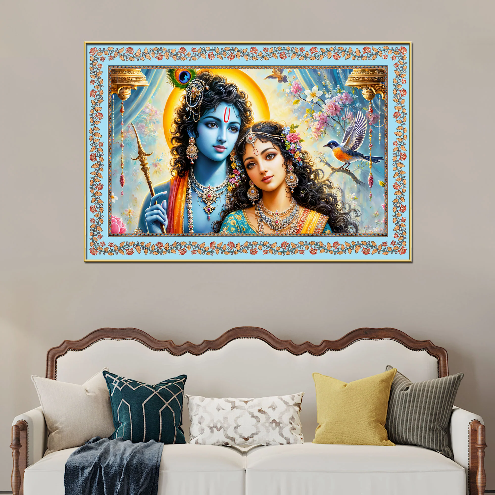 Beautiful Modern Art Radha Krishna Floral Border Canvas Wall Painting - Image 3