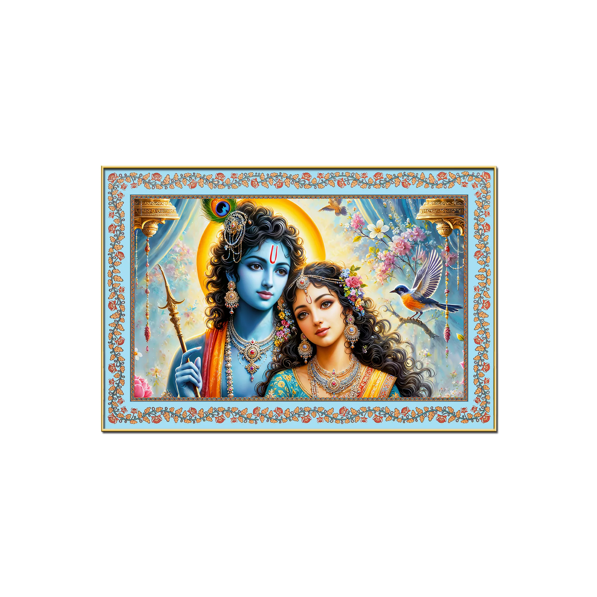 Beautiful Modern Art Radha Krishna Floral Border Canvas Wall Painting - Image 4